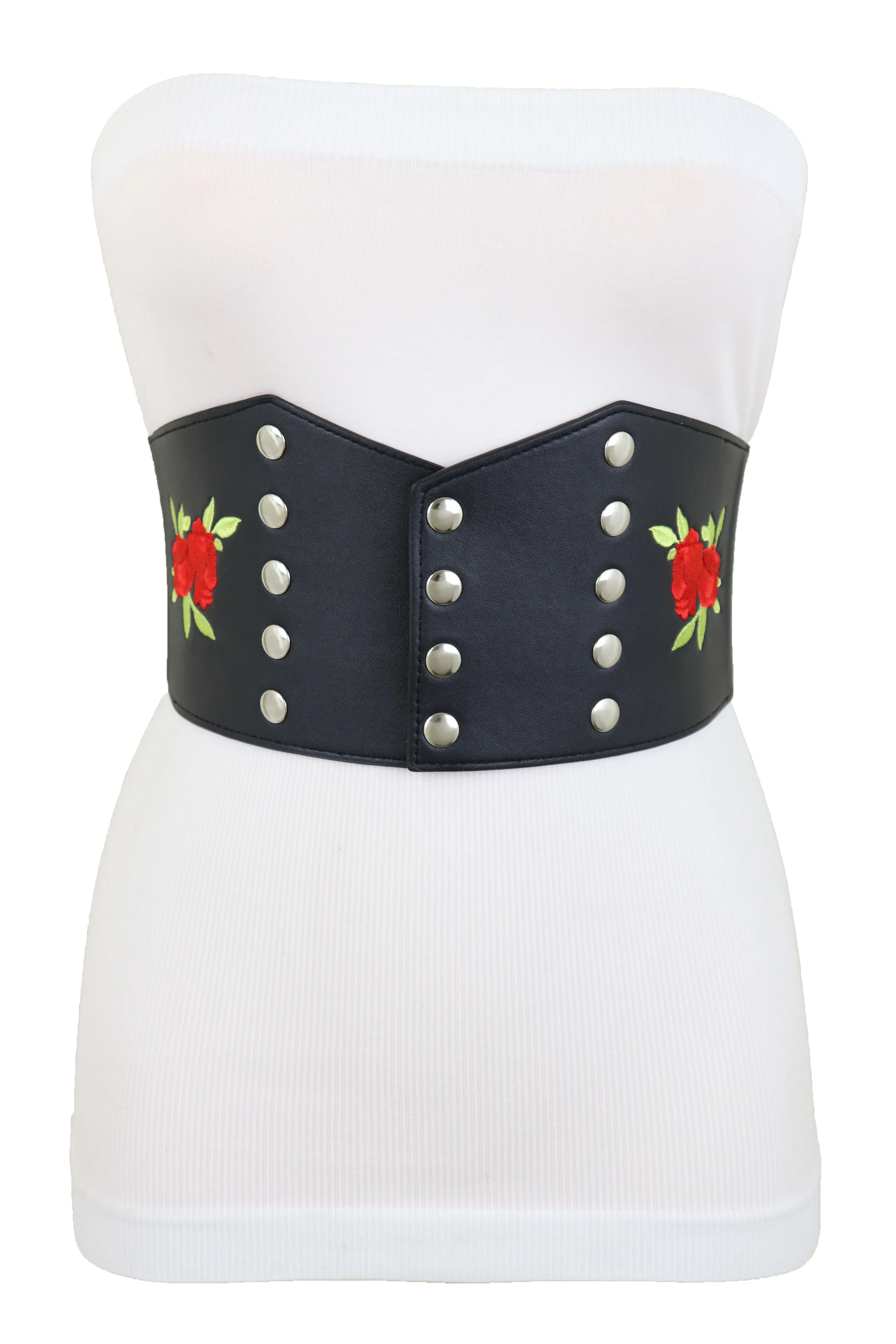Wide Black Faux Leather Fashion Elastic Corset Belt Red Rose Flower S M