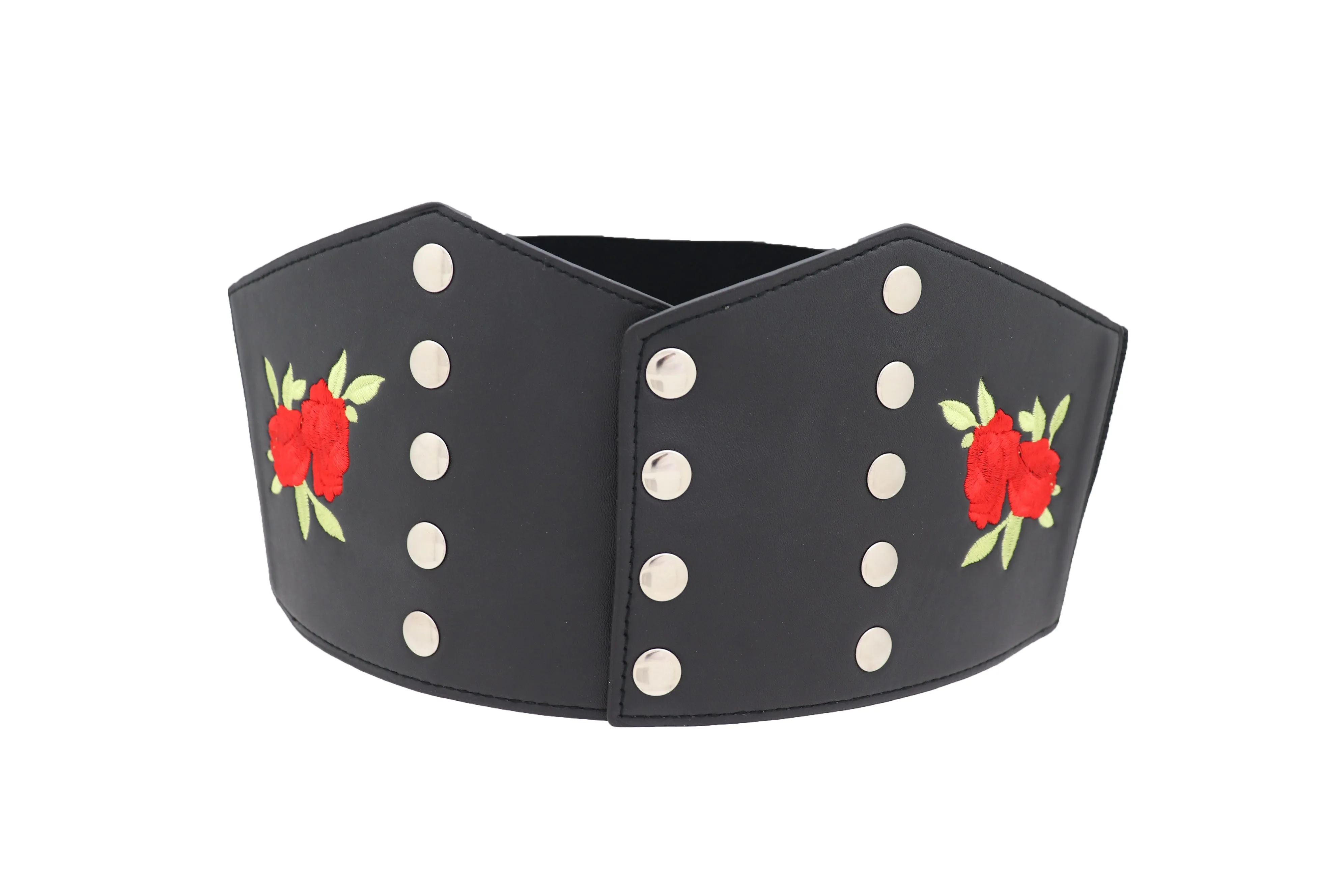 Wide Black Faux Leather Fashion Elastic Corset Belt Red Rose Flower S M