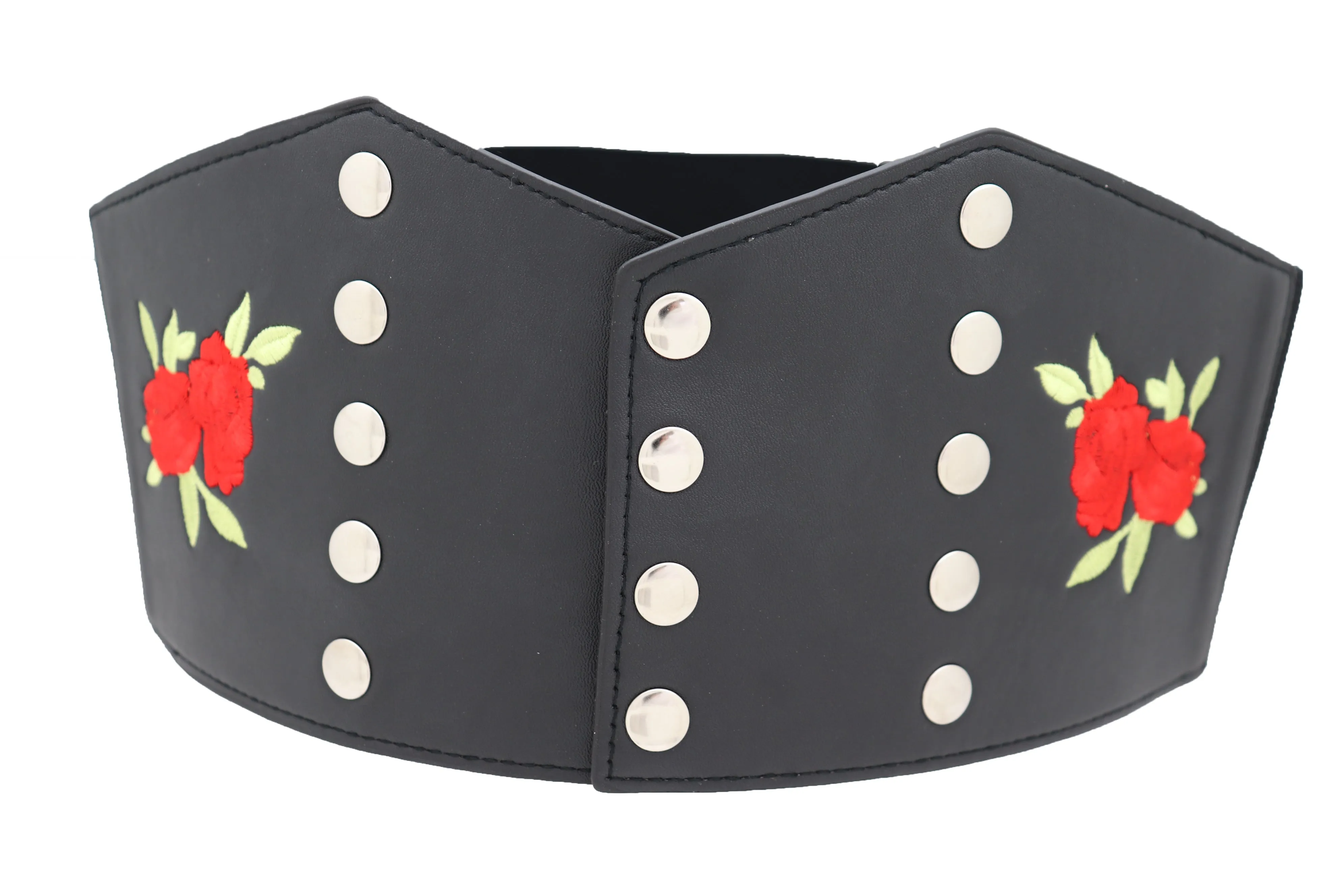 Wide Black Faux Leather Fashion Elastic Corset Belt Red Rose Flower S M