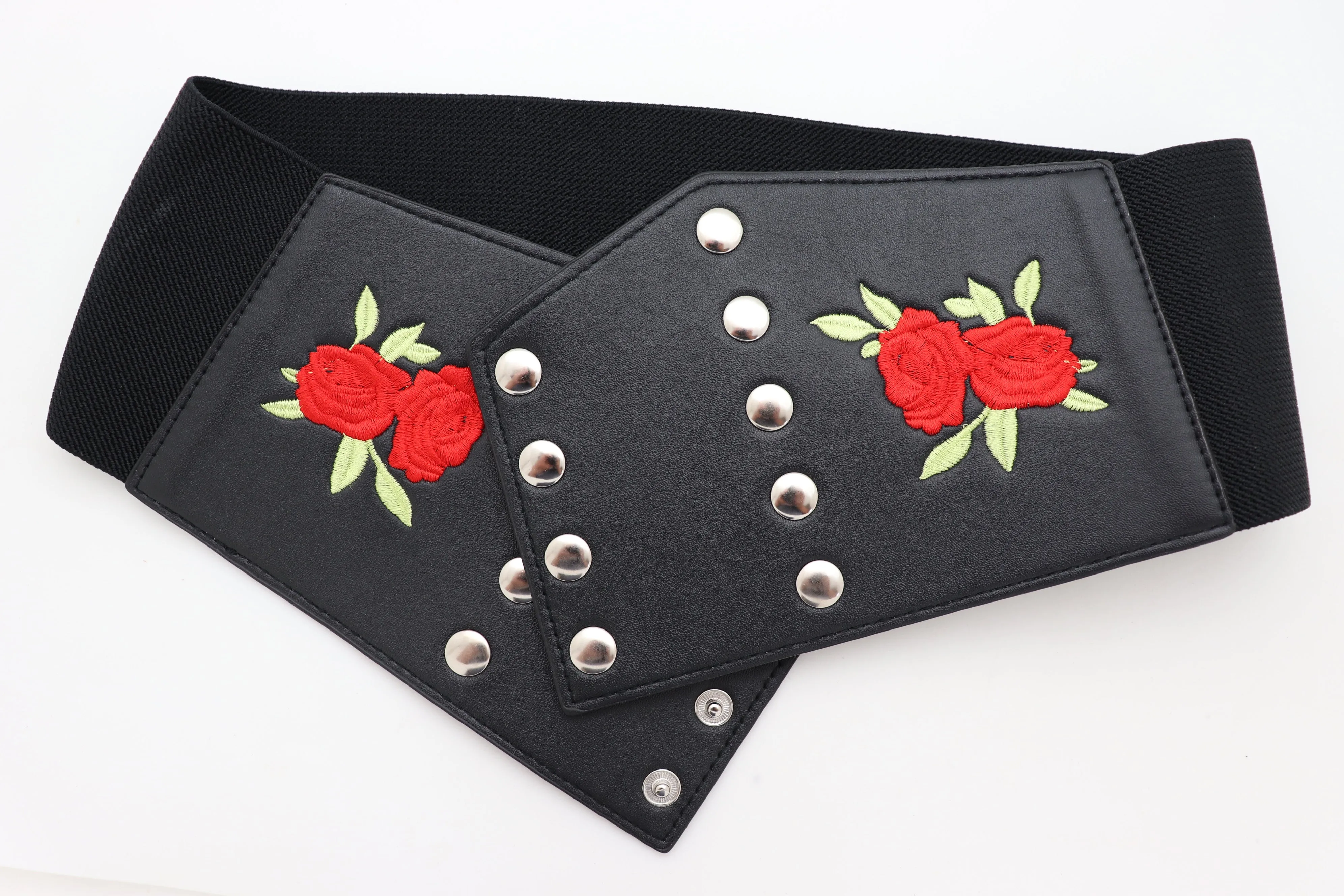 Wide Black Faux Leather Fashion Elastic Corset Belt Red Rose Flower S M