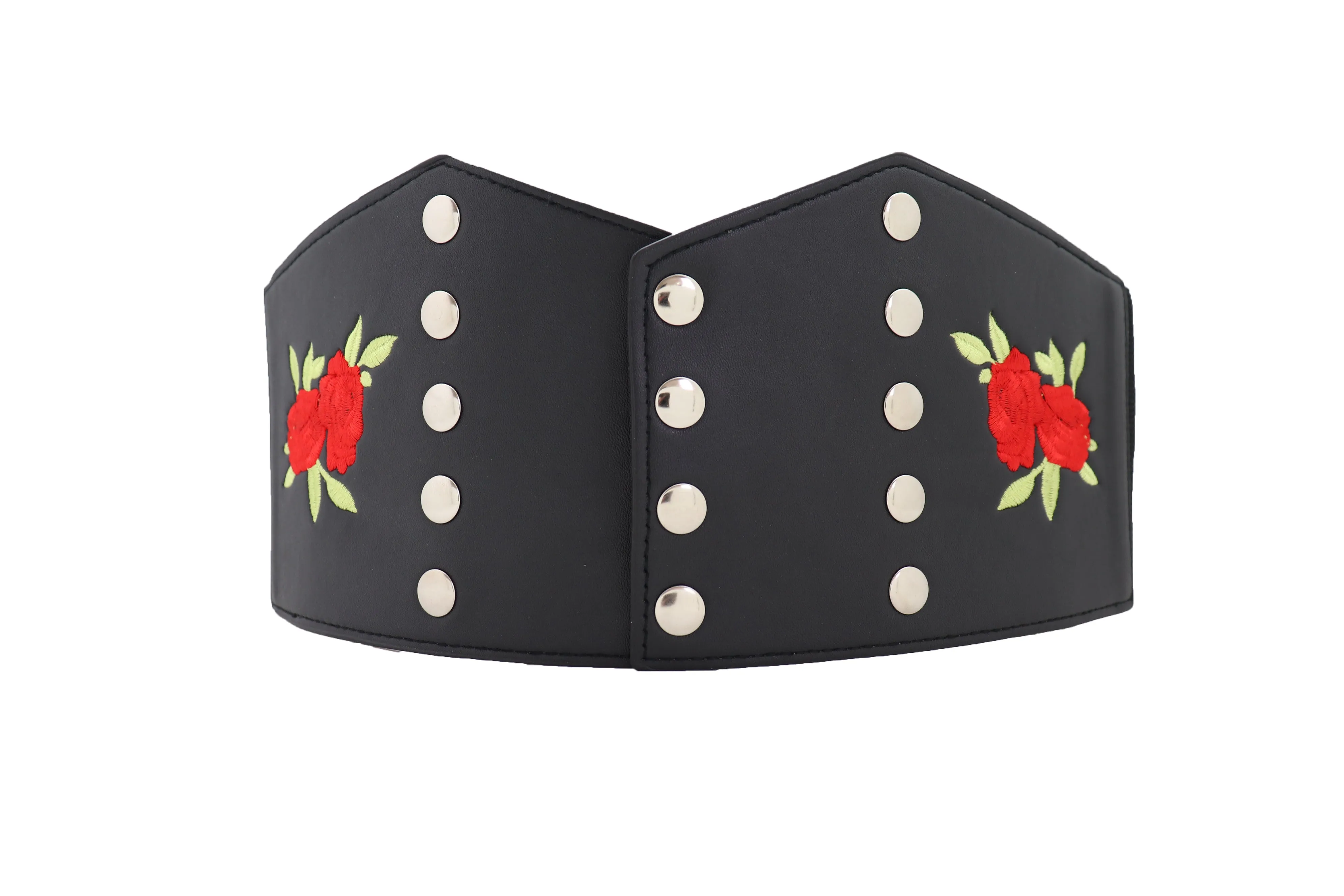 Wide Black Faux Leather Fashion Elastic Corset Belt Red Rose Flower S M