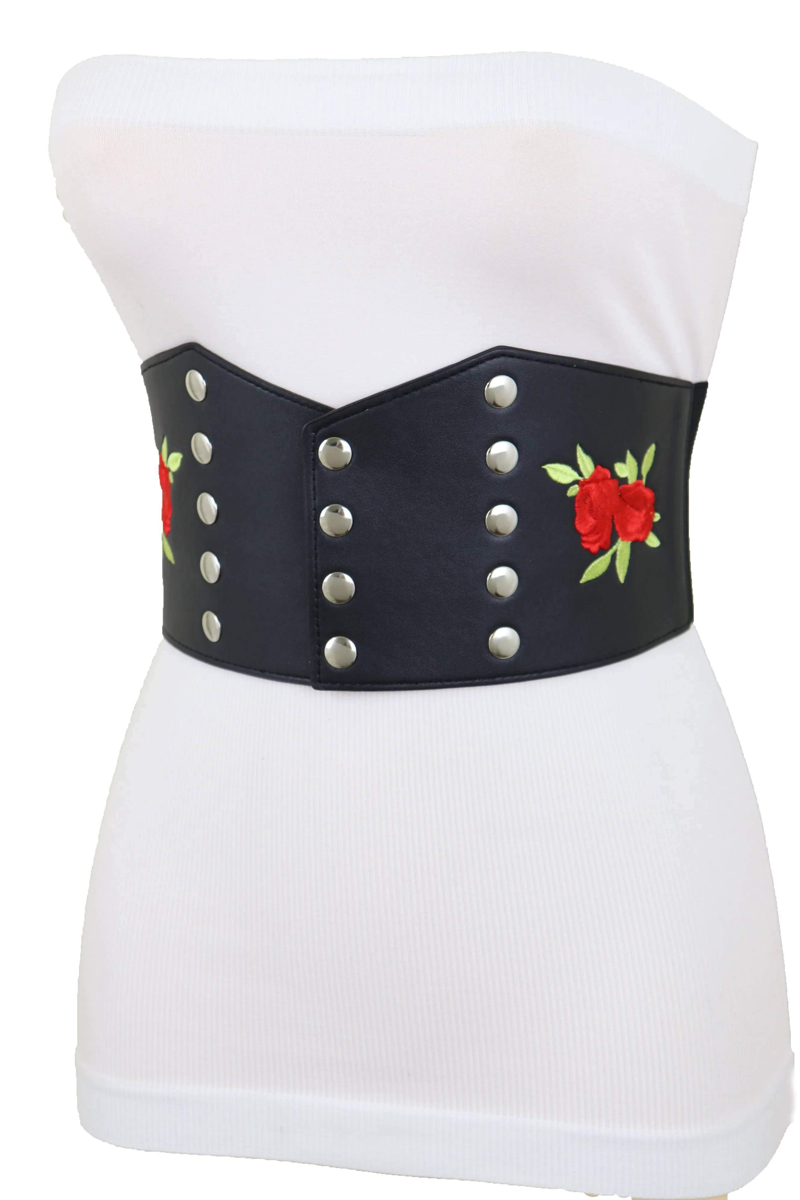 Wide Black Faux Leather Fashion Elastic Corset Belt Red Rose Flower S M