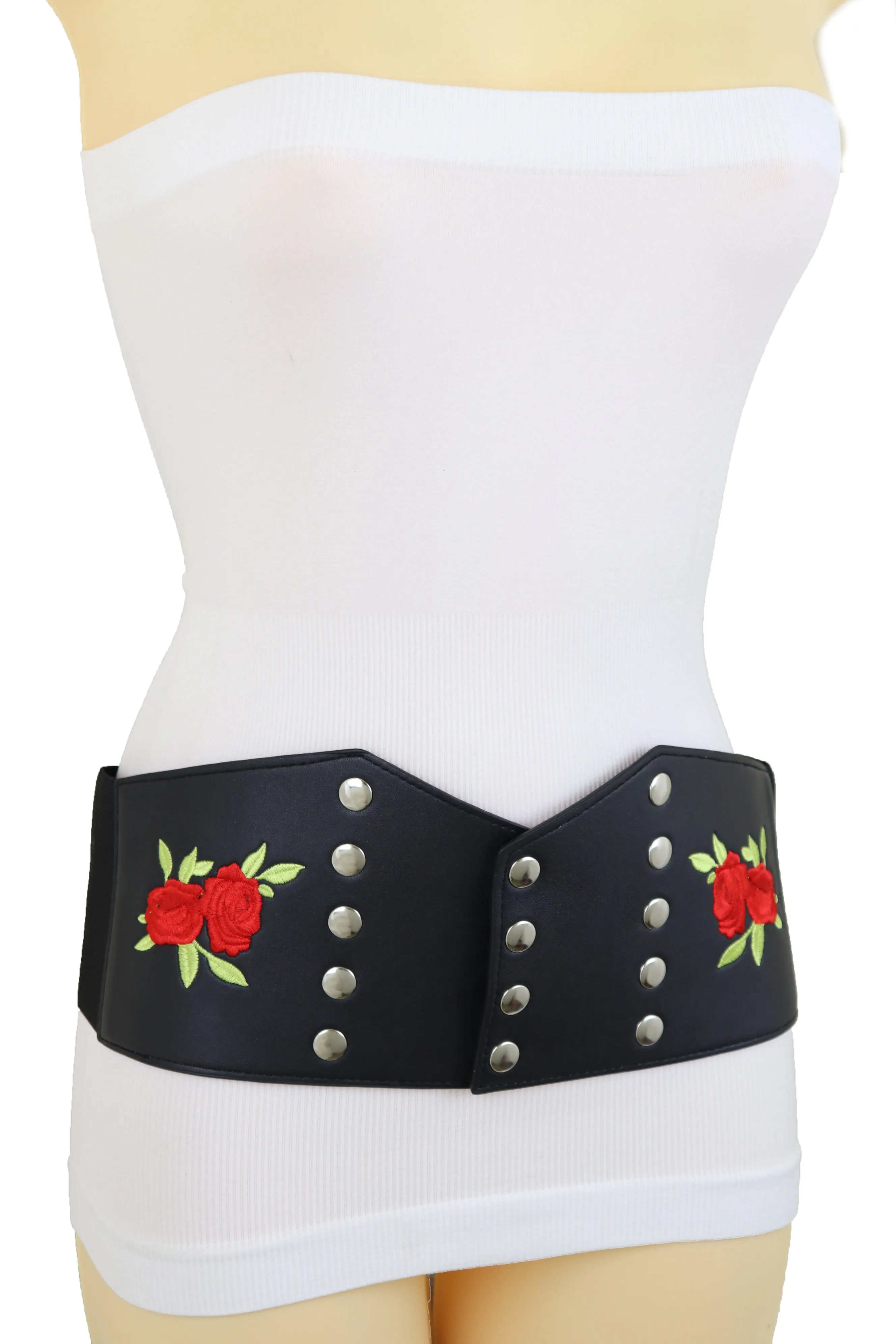 Wide Black Faux Leather Fashion Elastic Corset Belt Red Rose Flower S M
