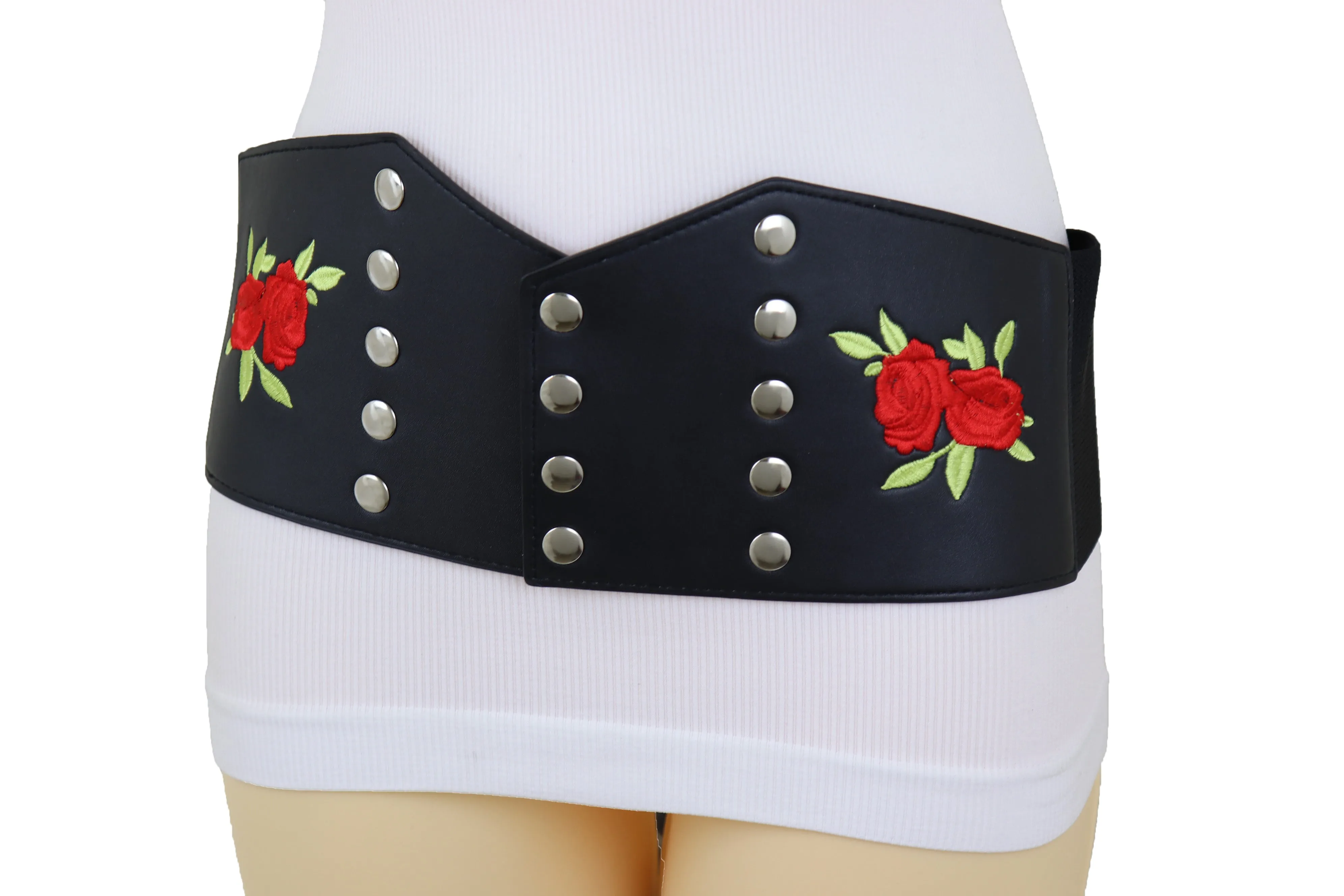 Wide Black Faux Leather Fashion Elastic Corset Belt Red Rose Flower S M