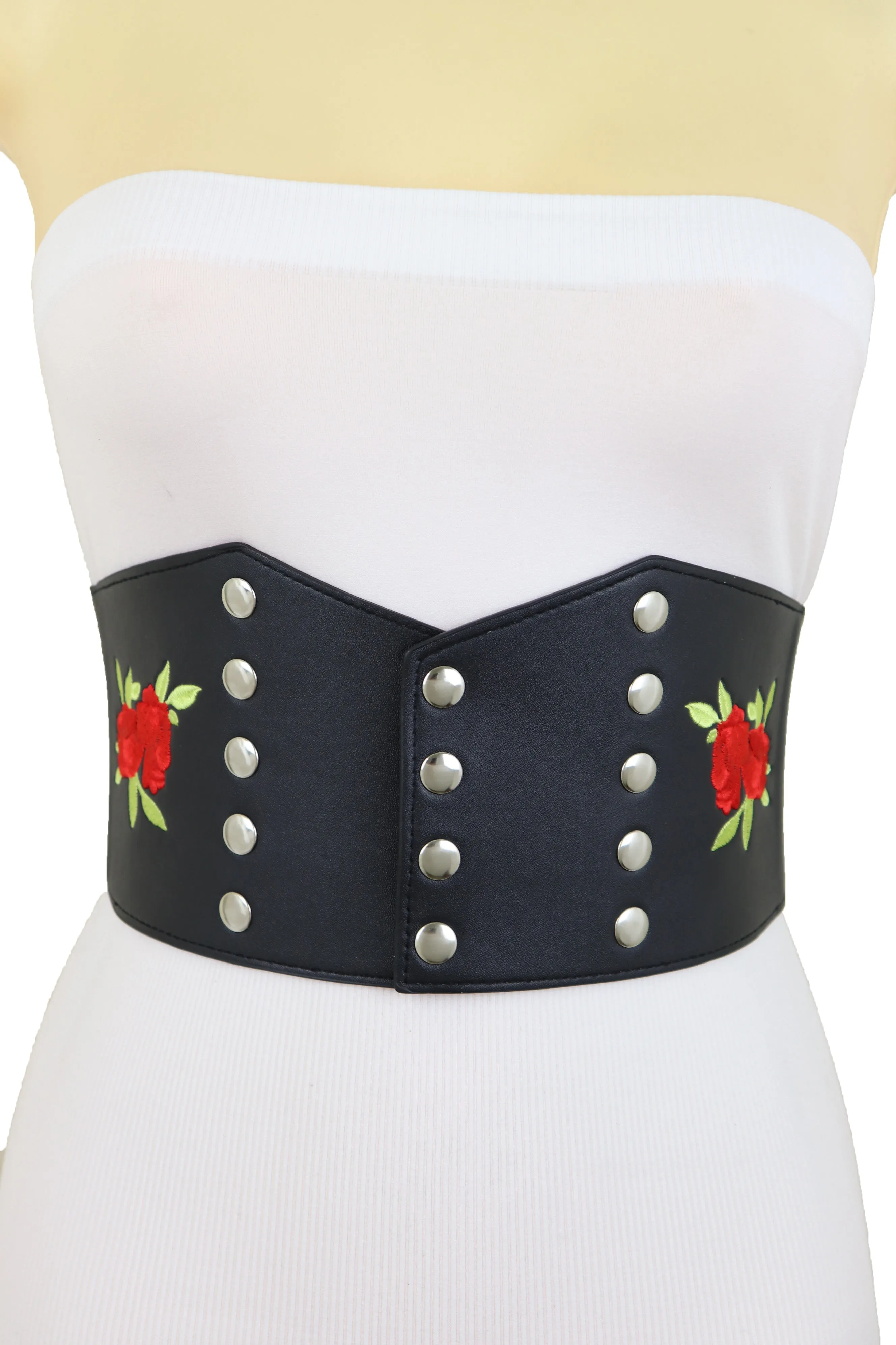 Wide Black Faux Leather Fashion Elastic Corset Belt Red Rose Flower S M