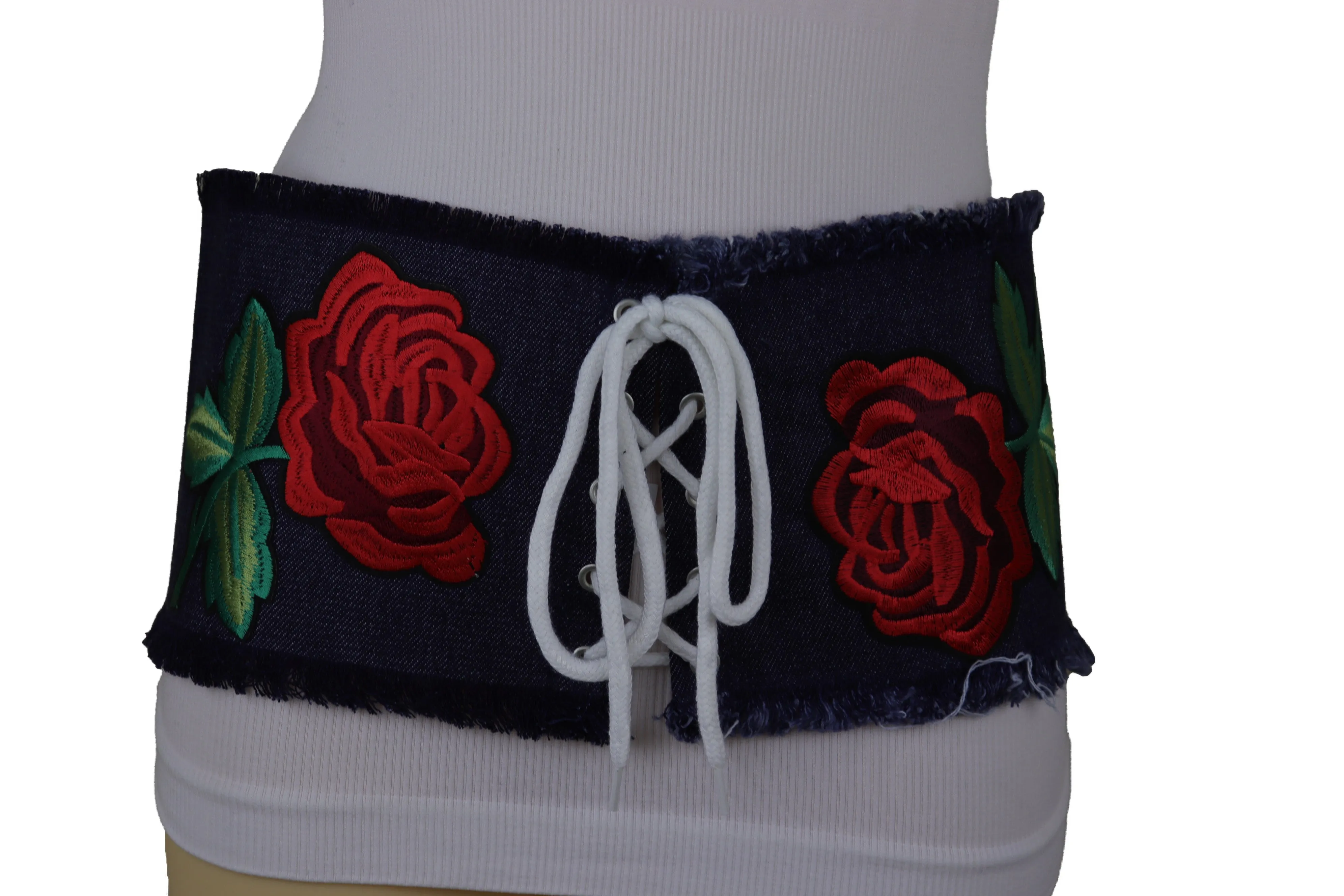 Wide Blue Denim Fabric Corset Fashion Belt Hip Waist Red Flower Size S M