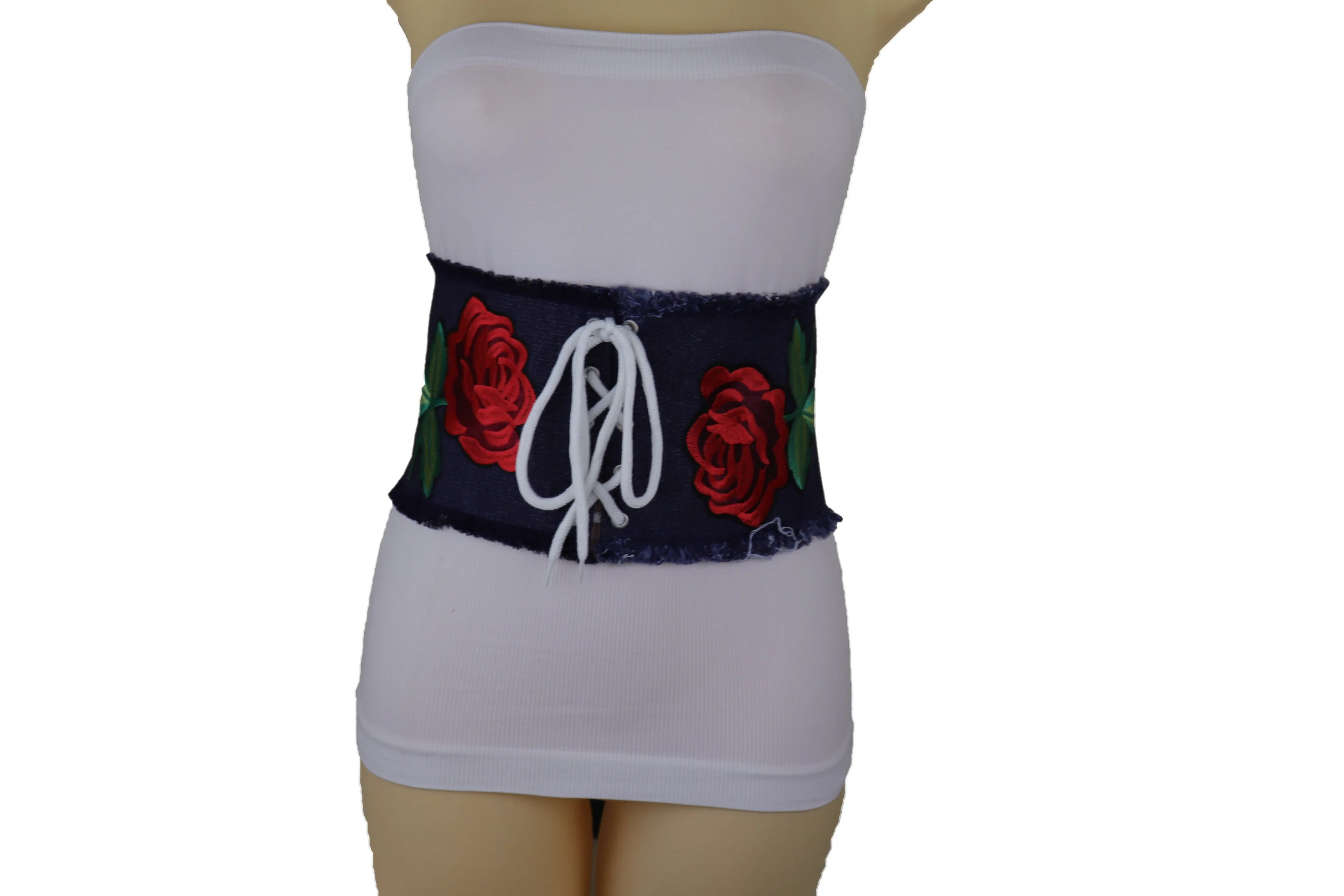 Wide Blue Denim Fabric Corset Fashion Belt Hip Waist Red Flower Size S M
