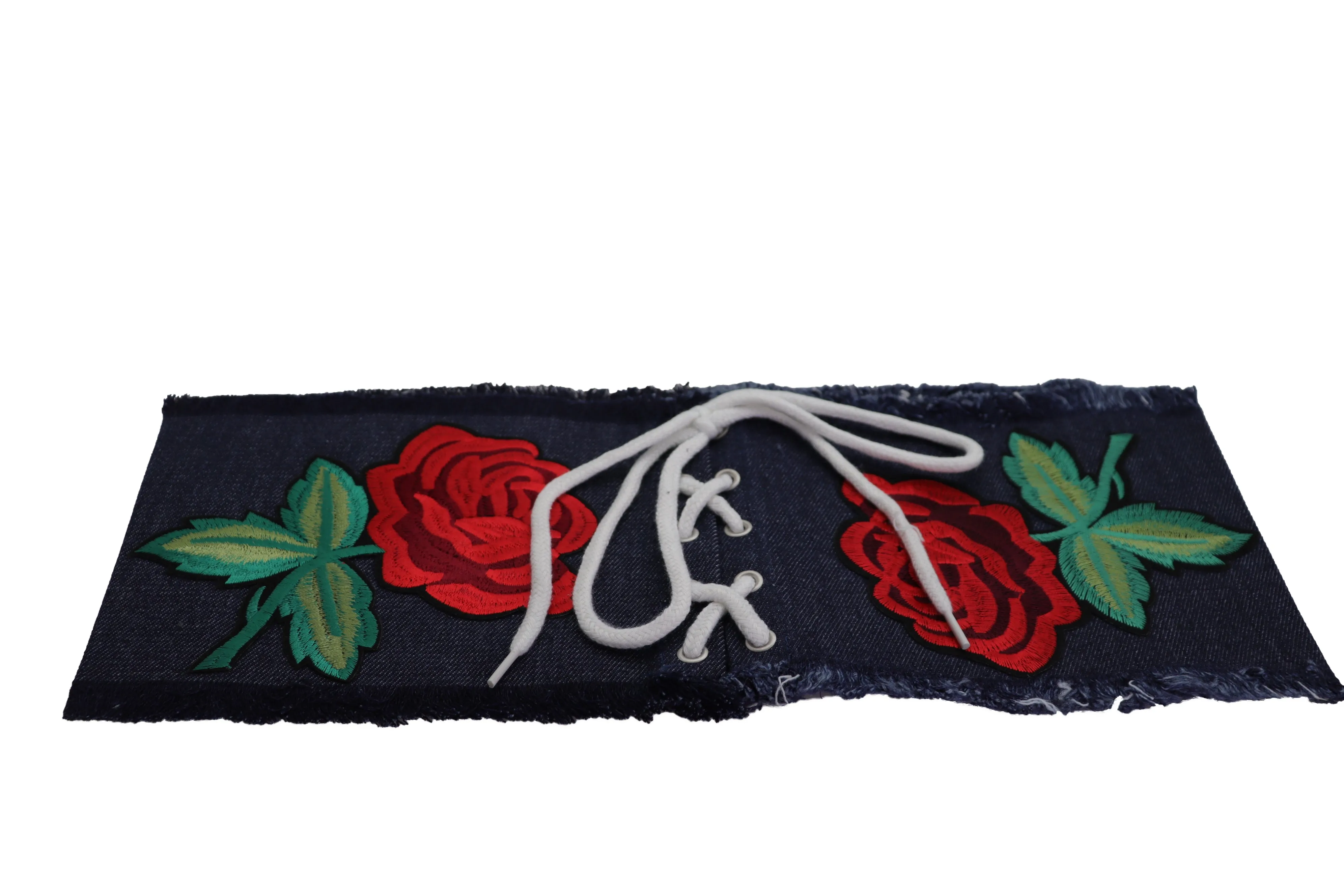 Wide Blue Denim Fabric Corset Fashion Belt Hip Waist Red Flower Size S M