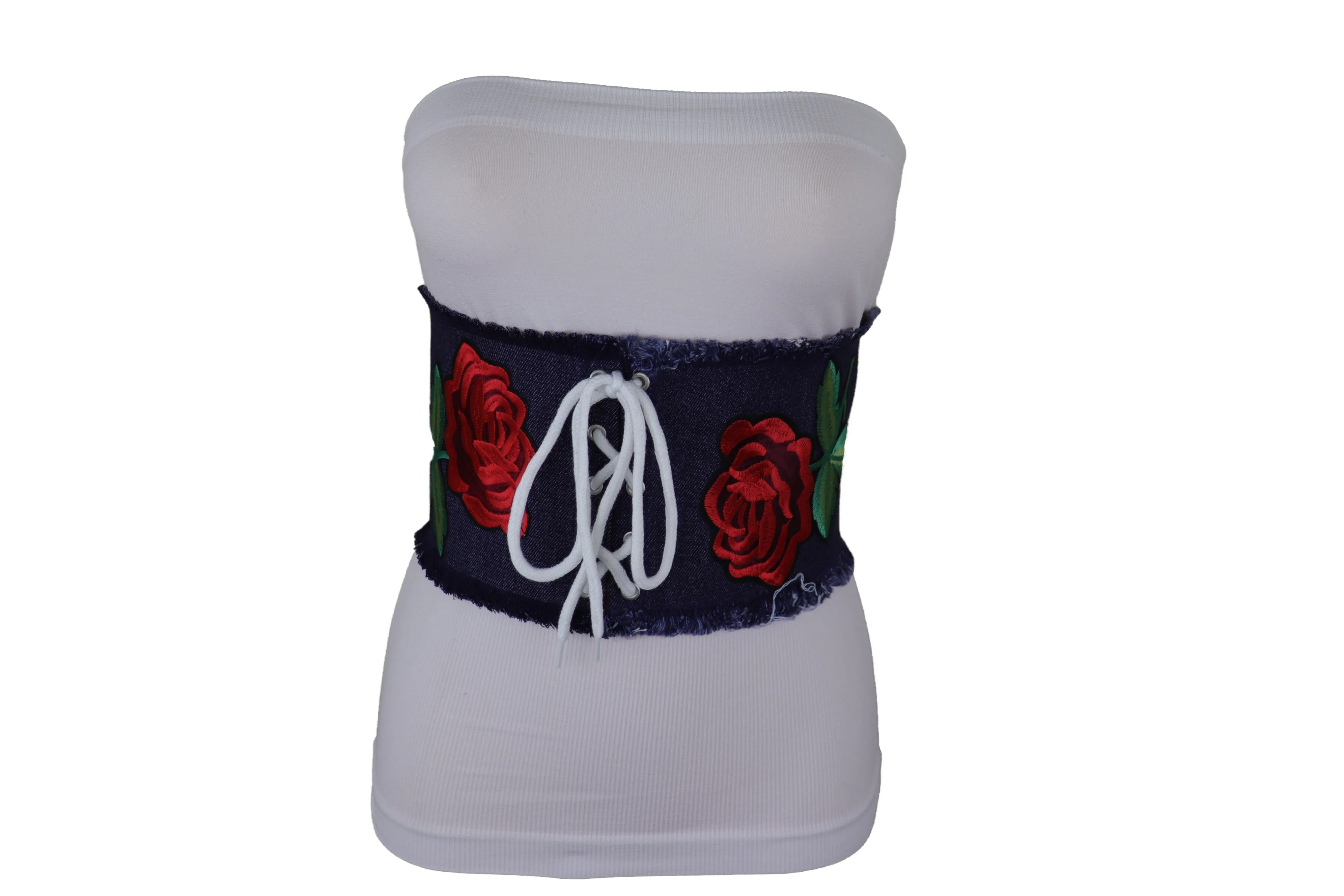 Wide Blue Denim Fabric Corset Fashion Belt Hip Waist Red Flower Size S M