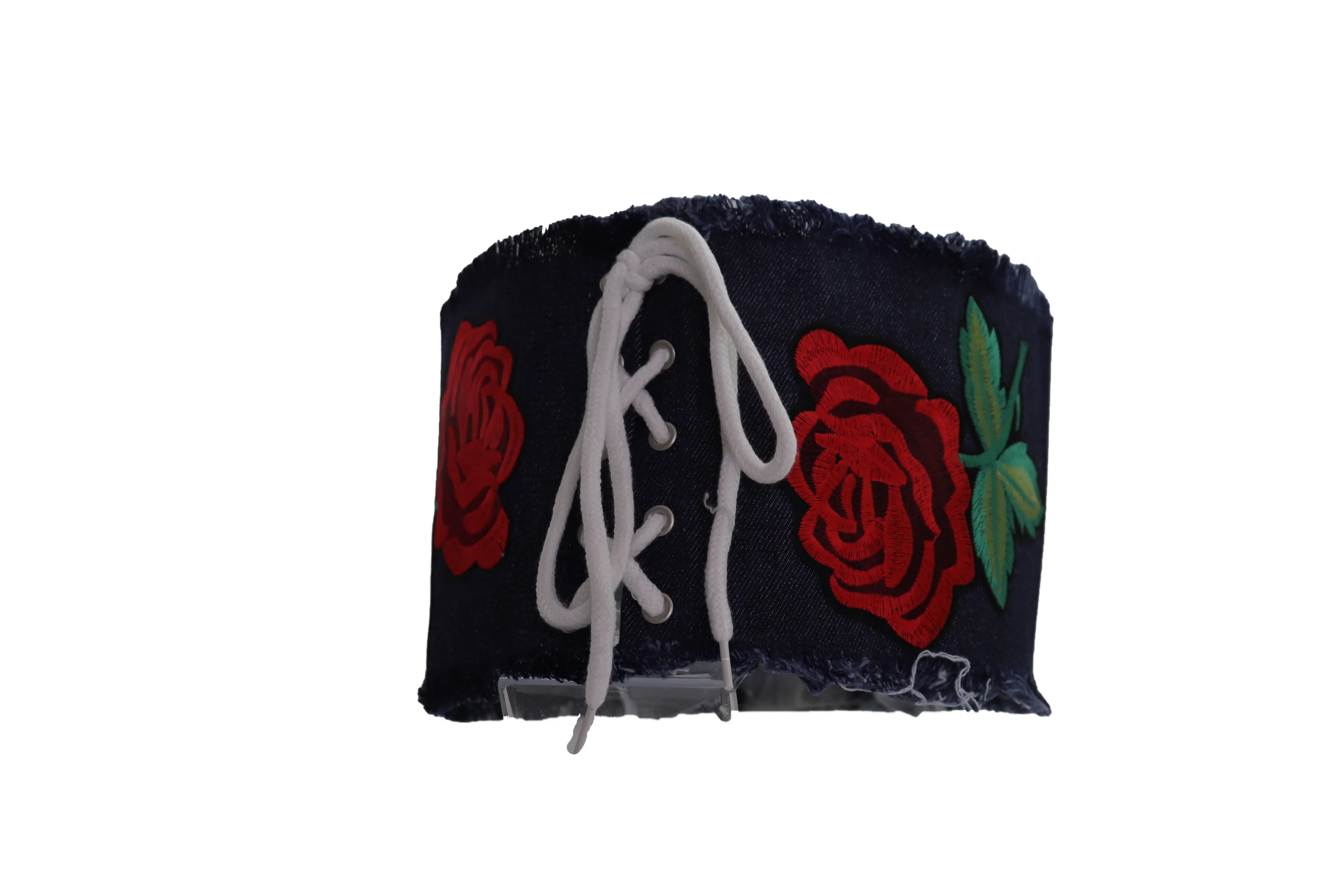 Wide Blue Denim Fabric Corset Fashion Belt Hip Waist Red Flower Size S M