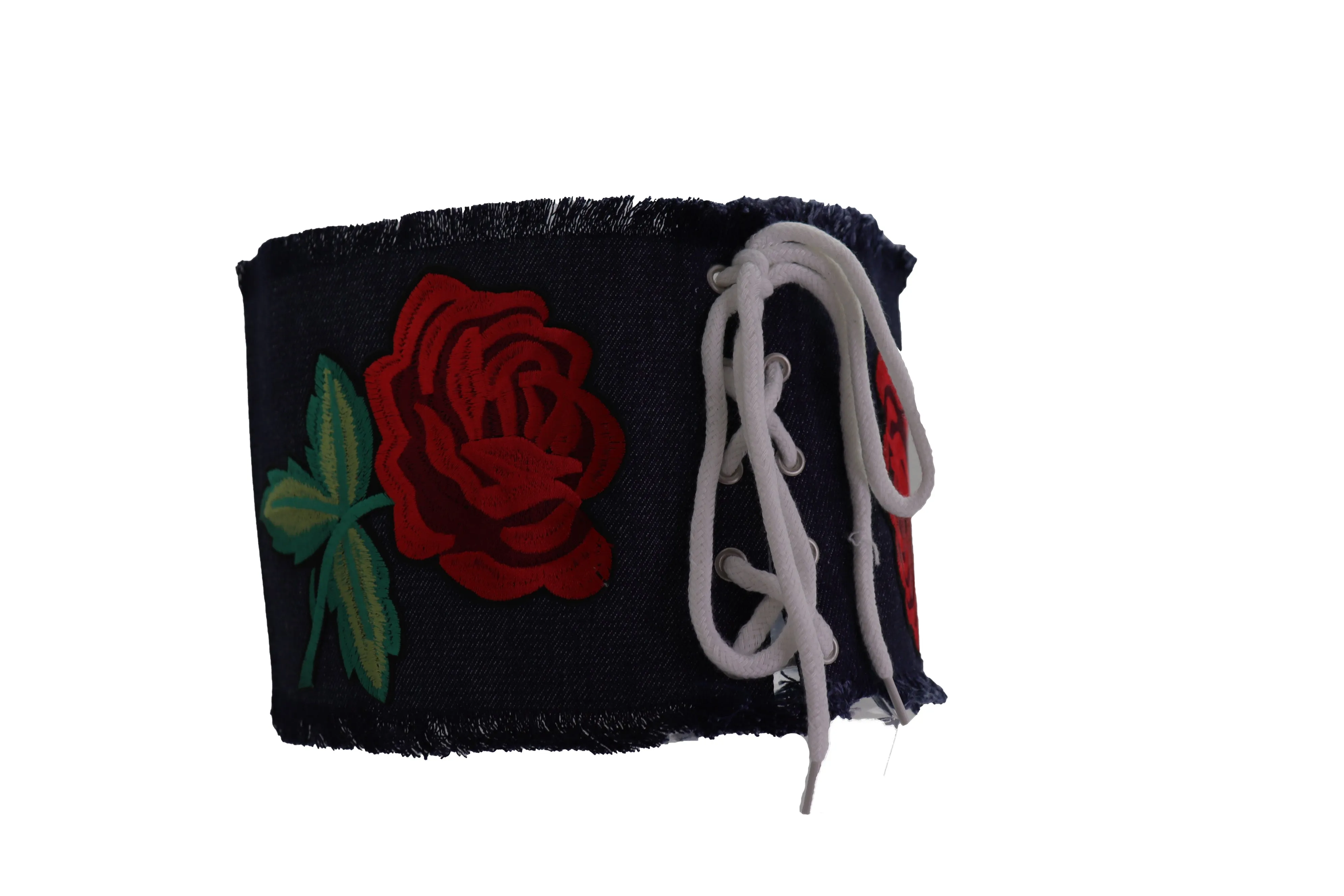 Wide Blue Denim Fabric Corset Fashion Belt Hip Waist Red Flower Size S M