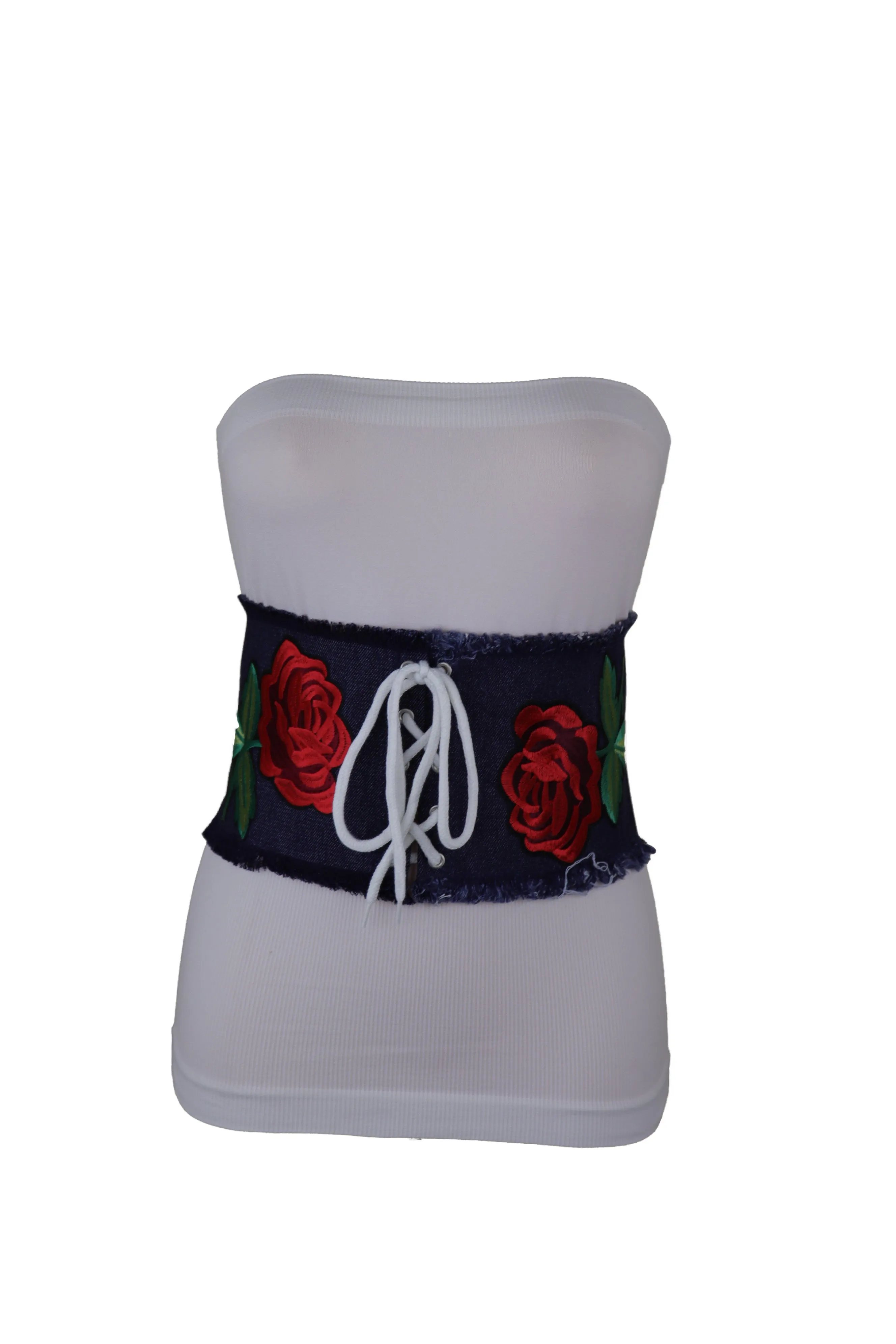 Wide Blue Denim Fabric Corset Fashion Belt Hip Waist Red Flower Size S M