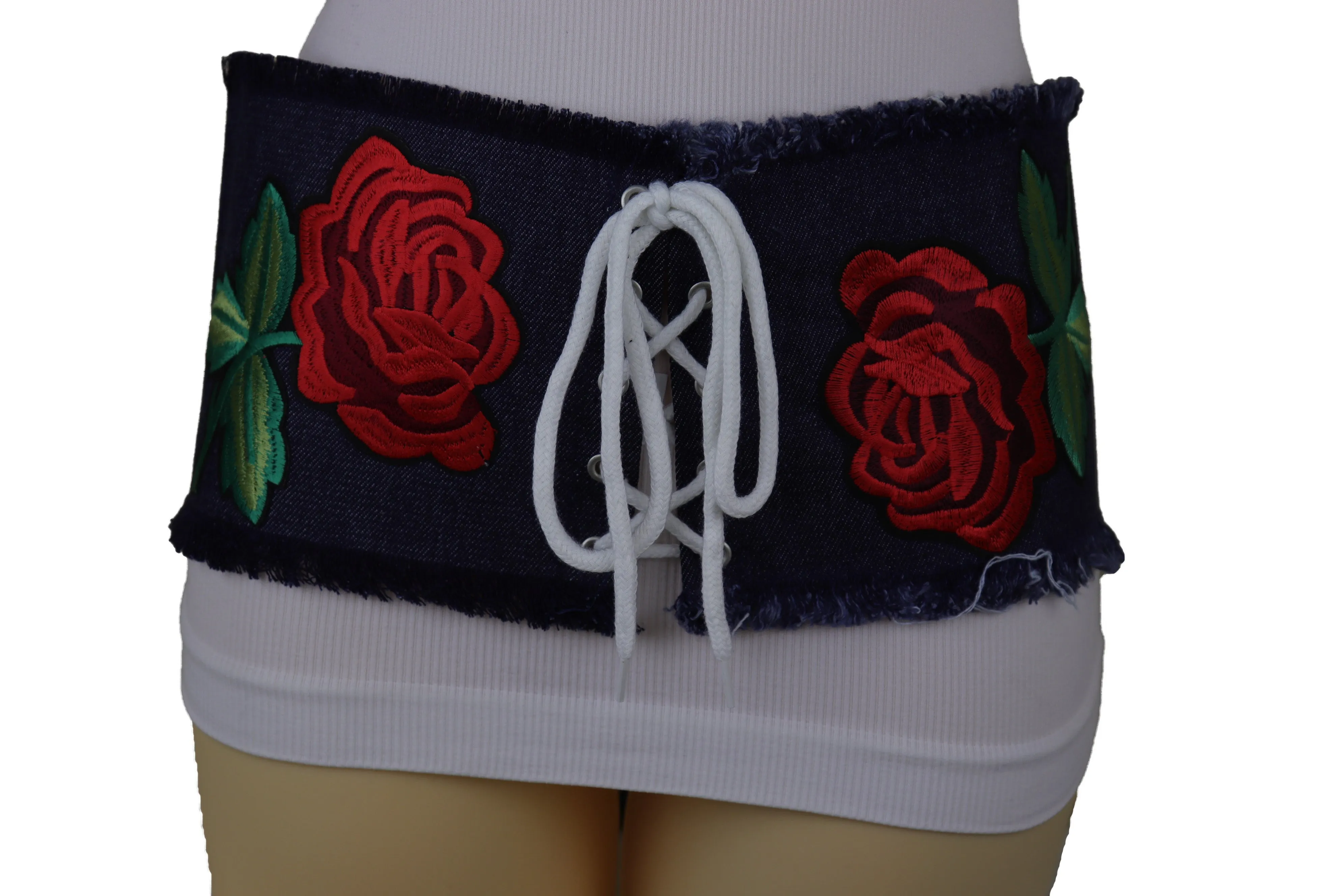 Wide Blue Denim Fabric Corset Fashion Belt Hip Waist Red Flower Size S M