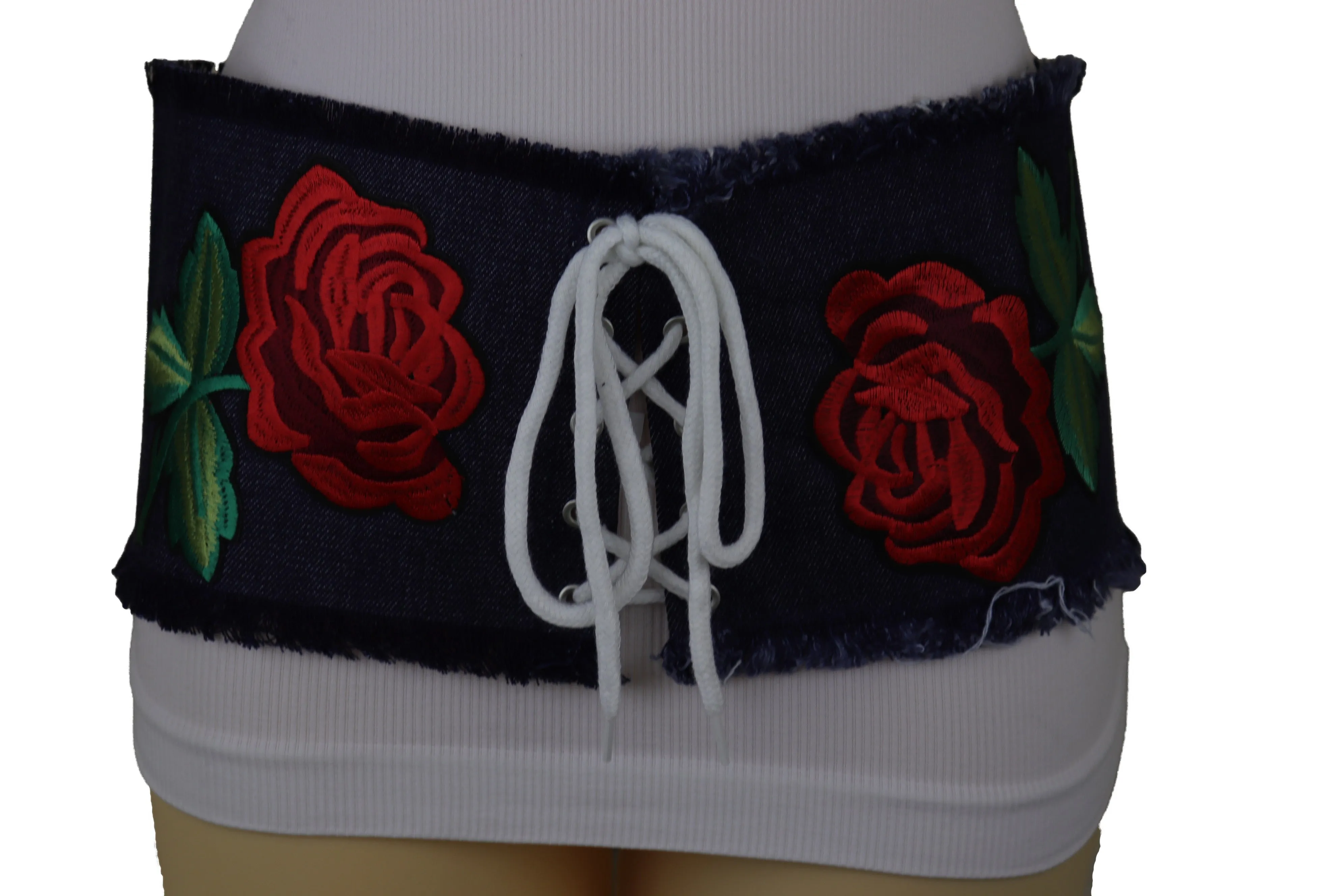 Wide Blue Denim Fabric Corset Fashion Belt Hip Waist Red Flower Size S M
