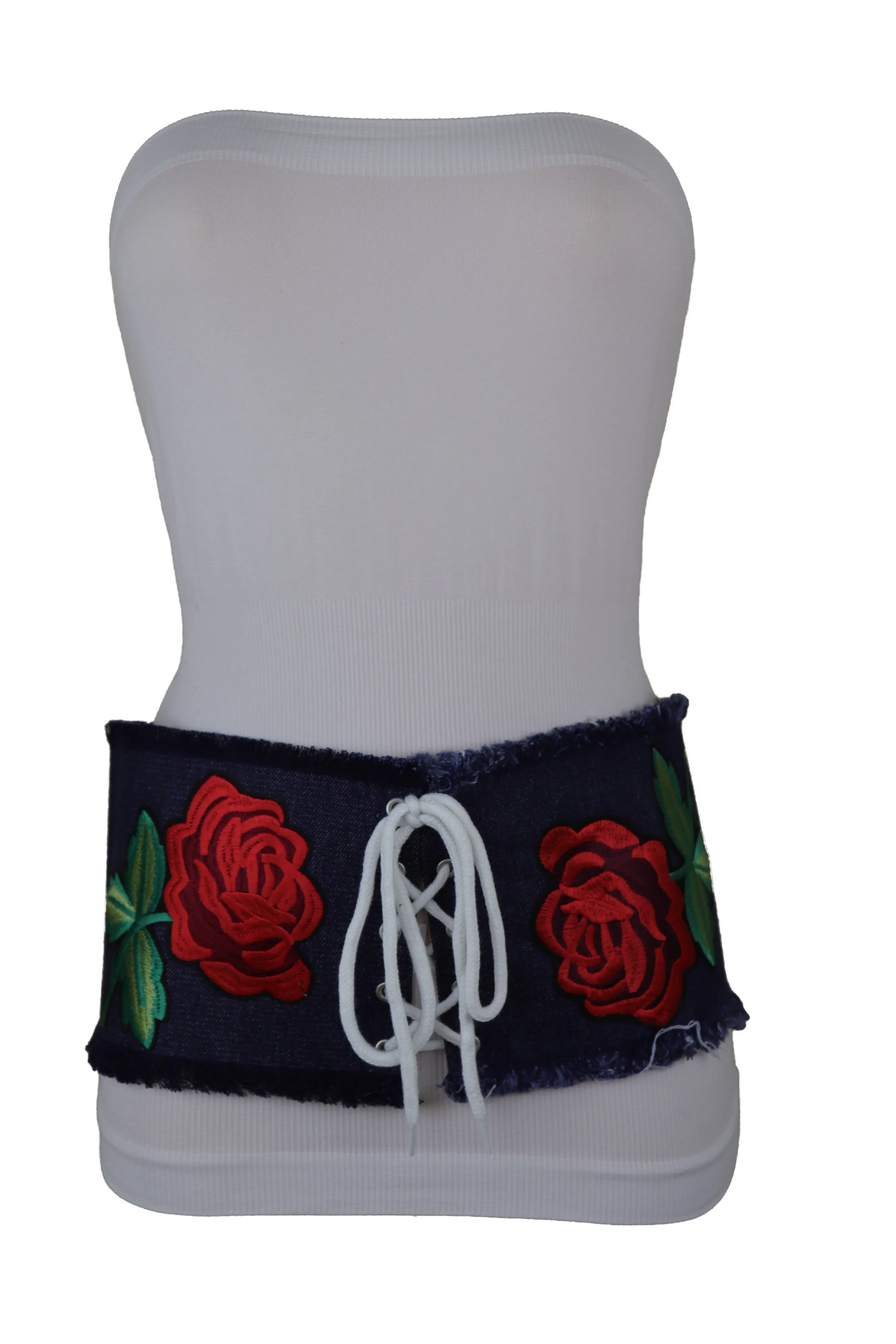 Wide Blue Denim Fabric Corset Fashion Belt Hip Waist Red Flower Size S M
