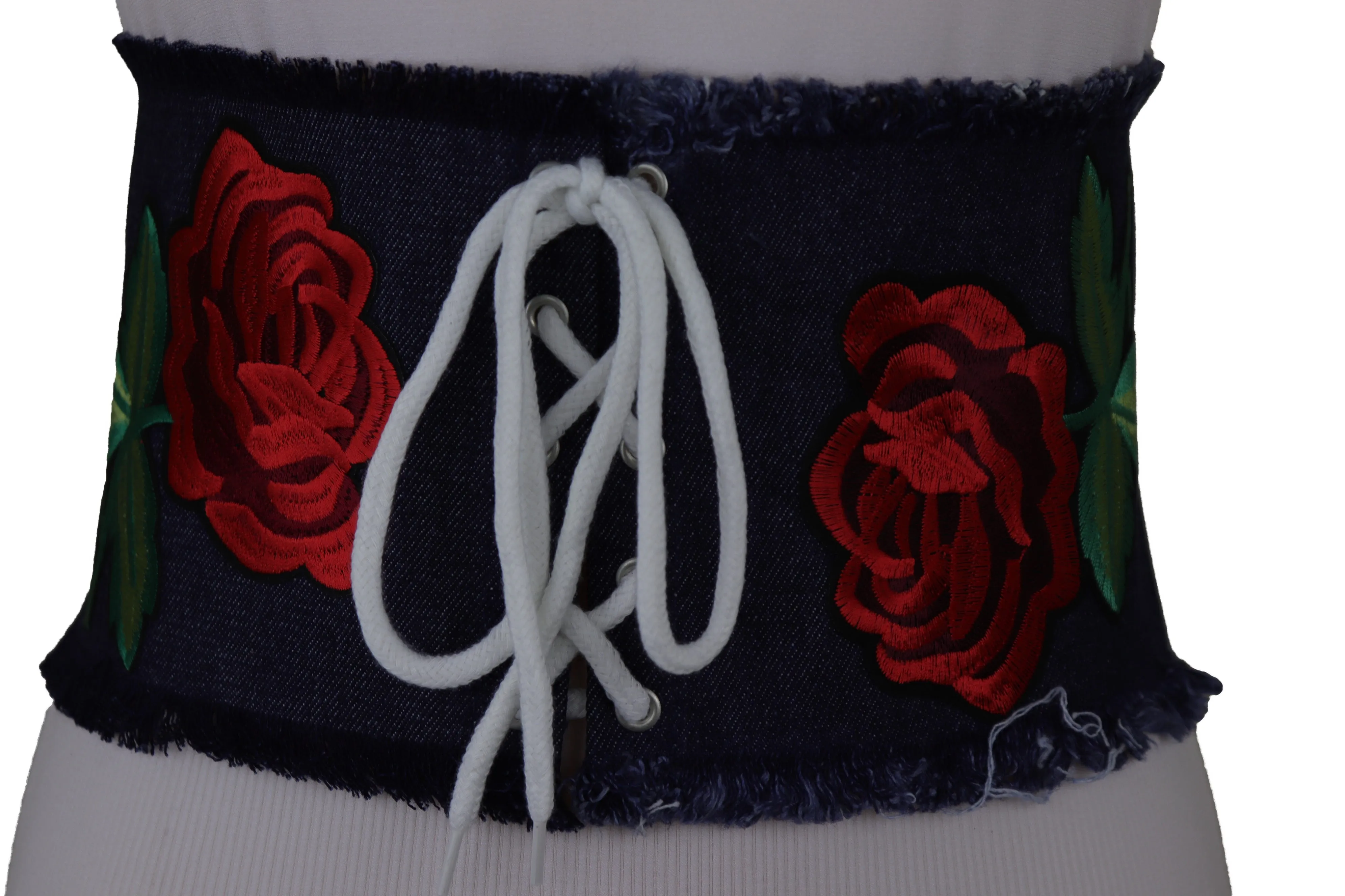 Wide Blue Denim Fabric Corset Fashion Belt Hip Waist Red Flower Size S M
