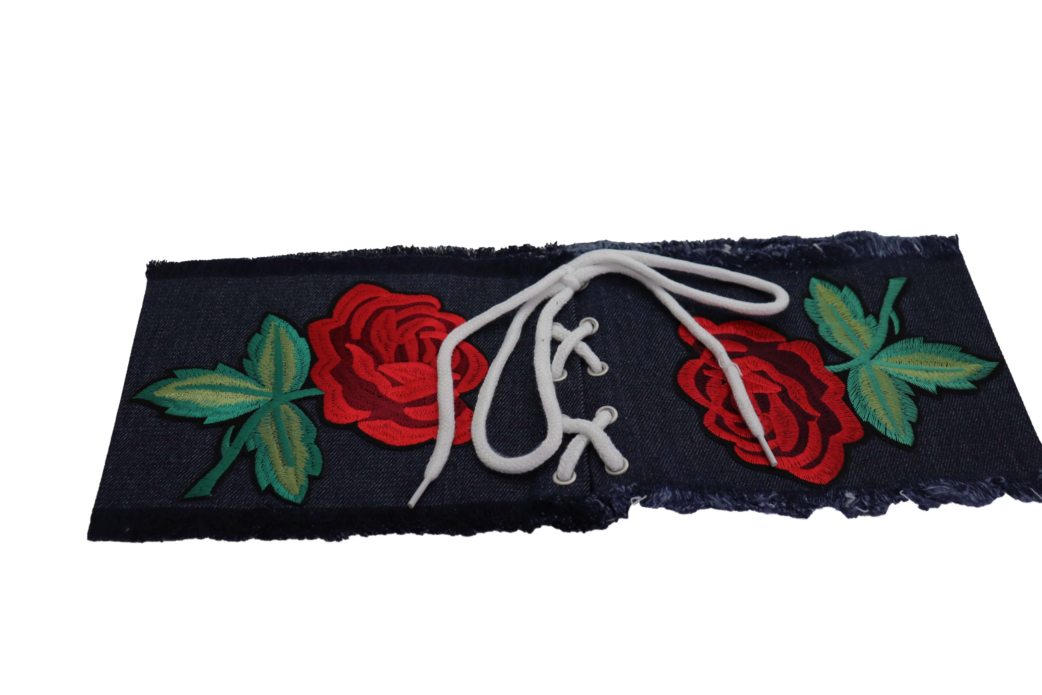 Wide Blue Denim Fabric Corset Fashion Belt Hip Waist Red Flower Size S M