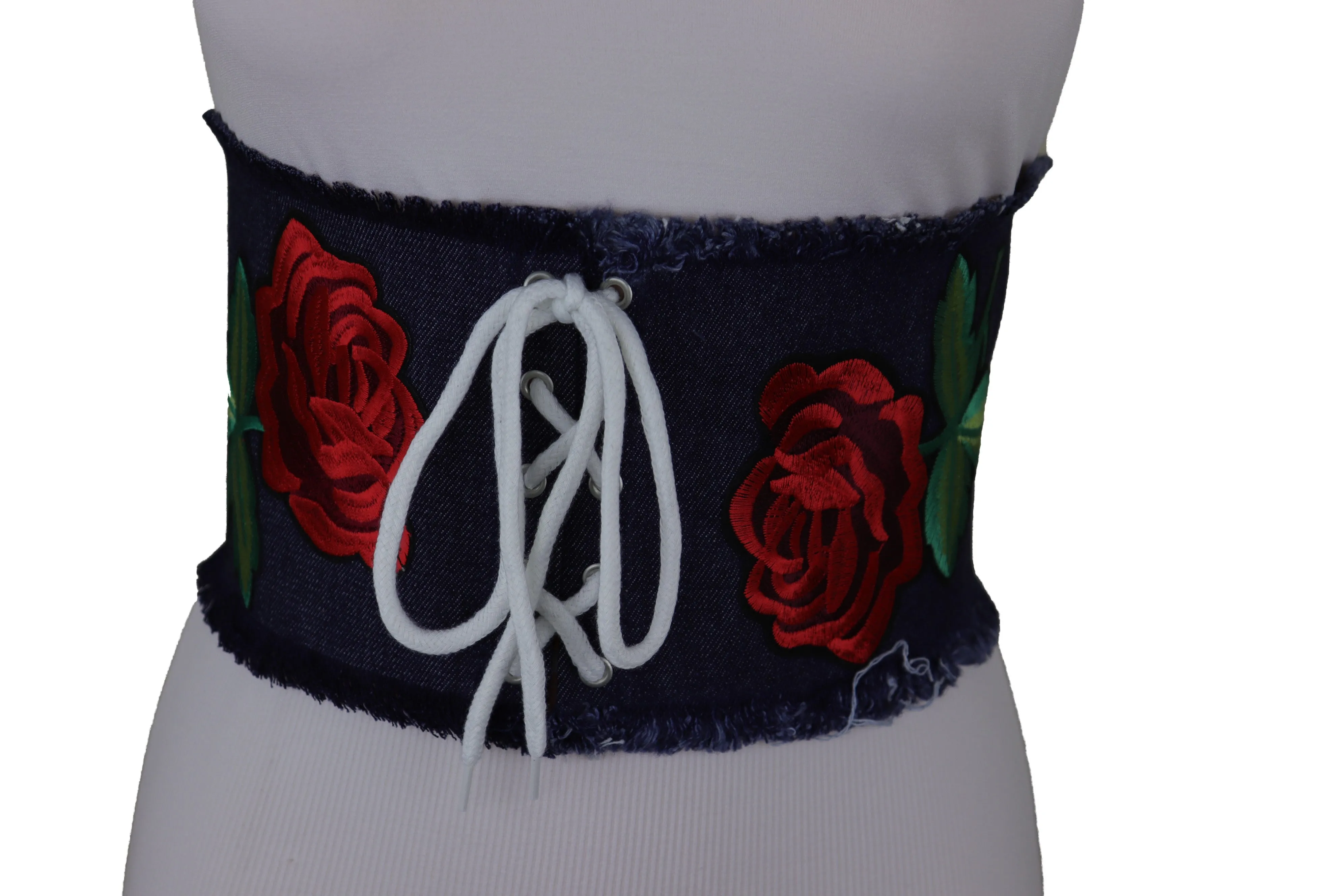 Wide Blue Denim Fabric Corset Fashion Belt Hip Waist Red Flower Size S M