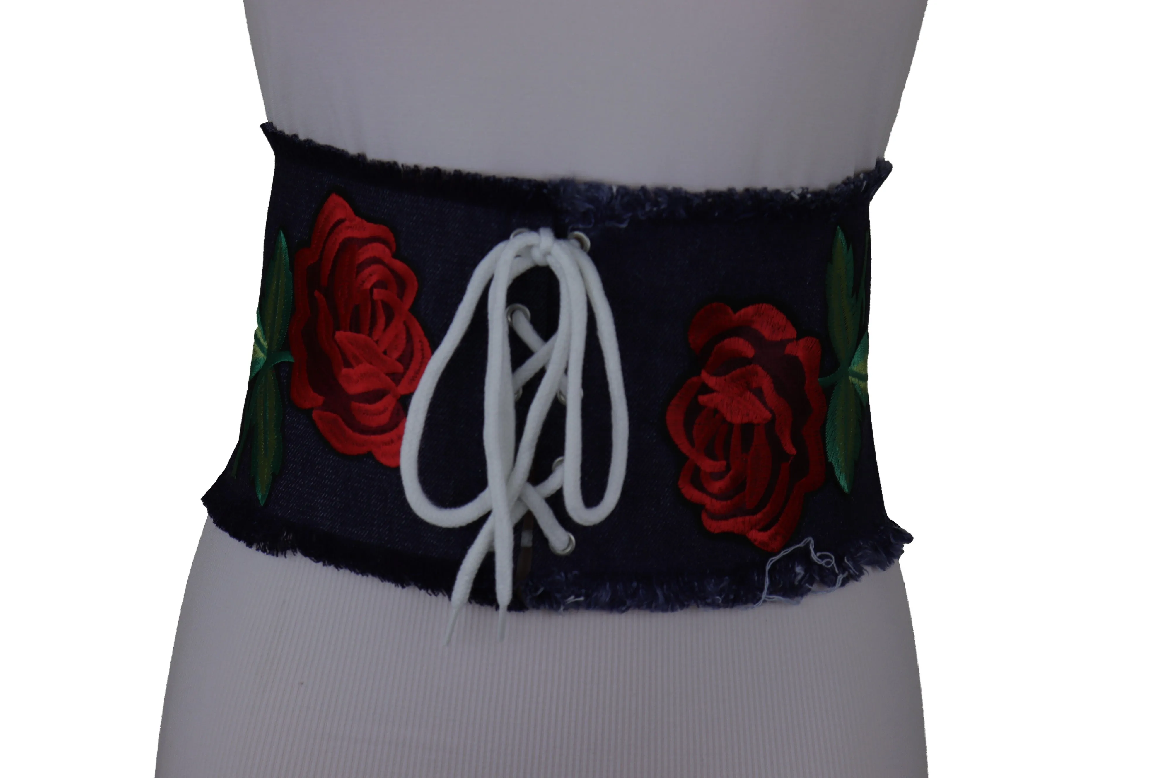 Wide Blue Denim Fabric Corset Fashion Belt Hip Waist Red Flower Size S M