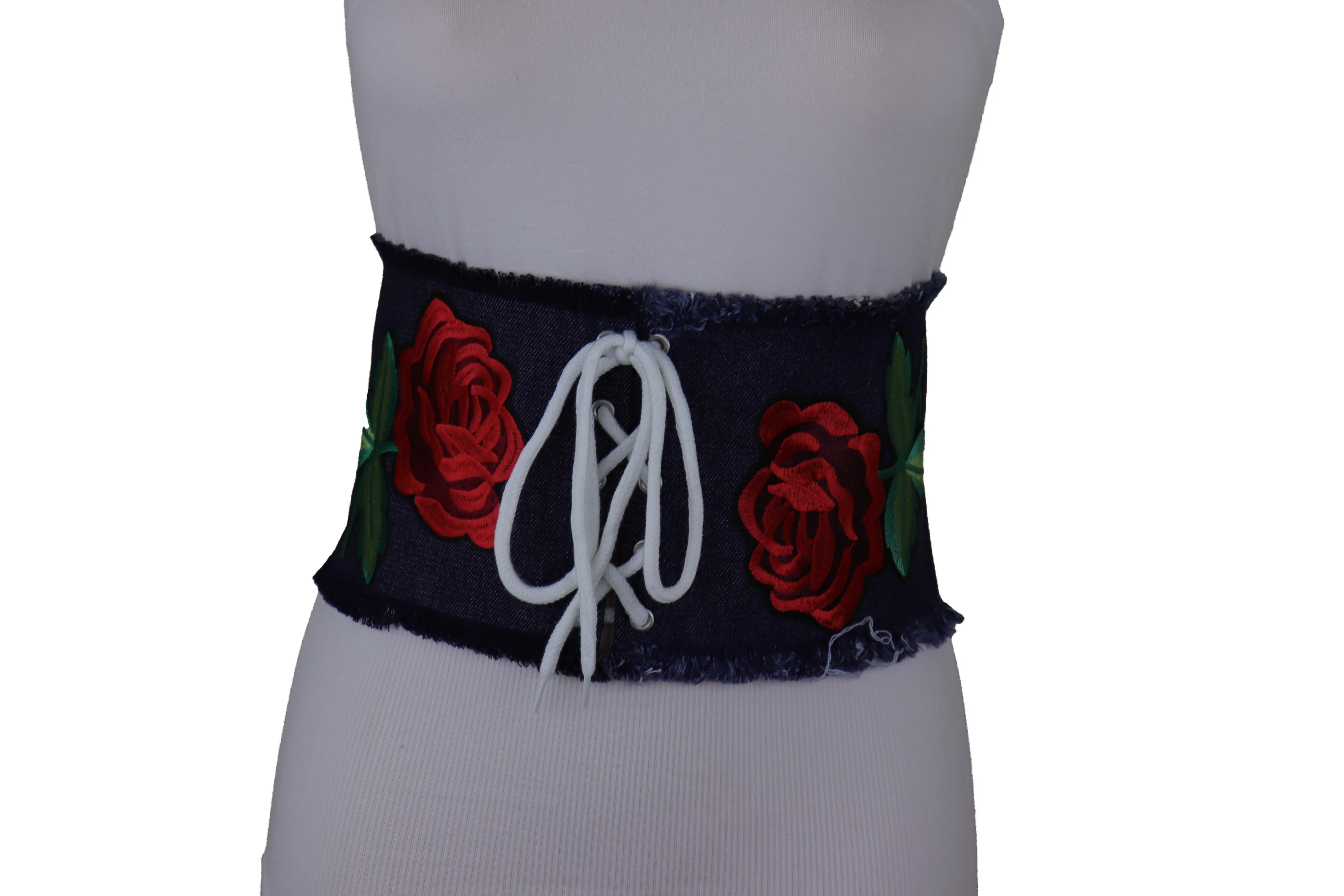 Wide Blue Denim Fabric Corset Fashion Belt Hip Waist Red Flower Size S M