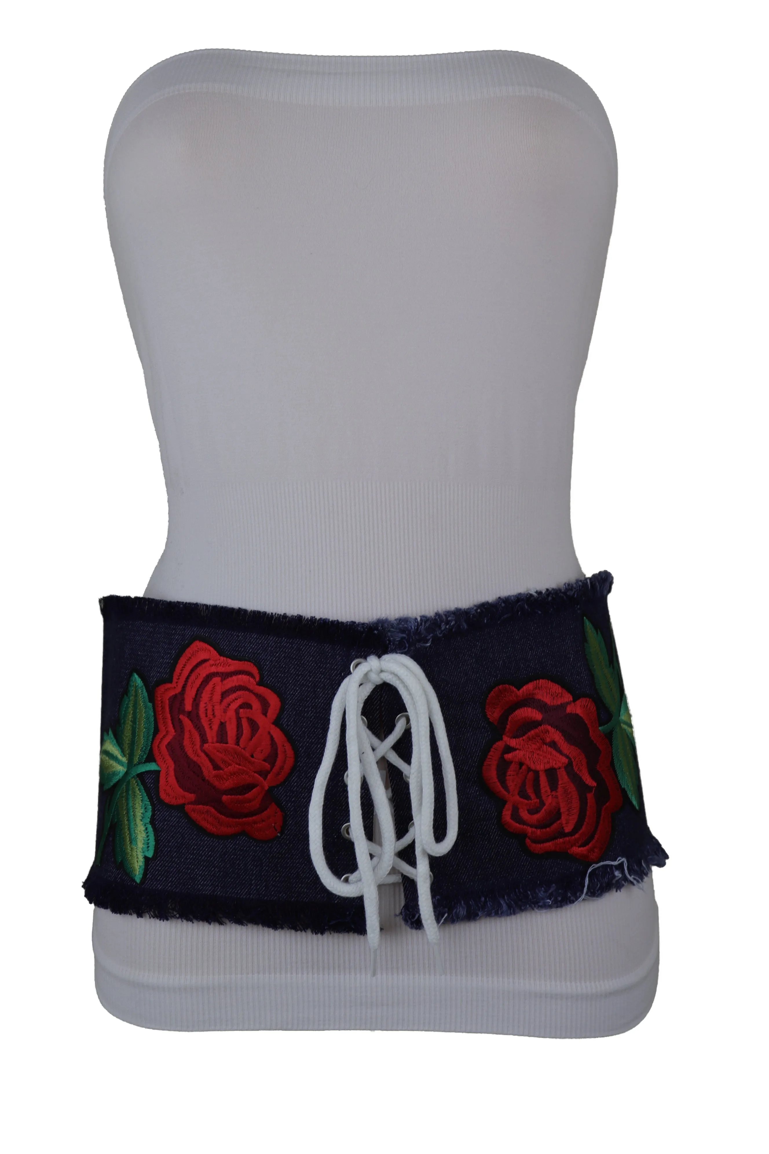 Wide Blue Denim Fabric Corset Fashion Belt Hip Waist Red Flower Size S M