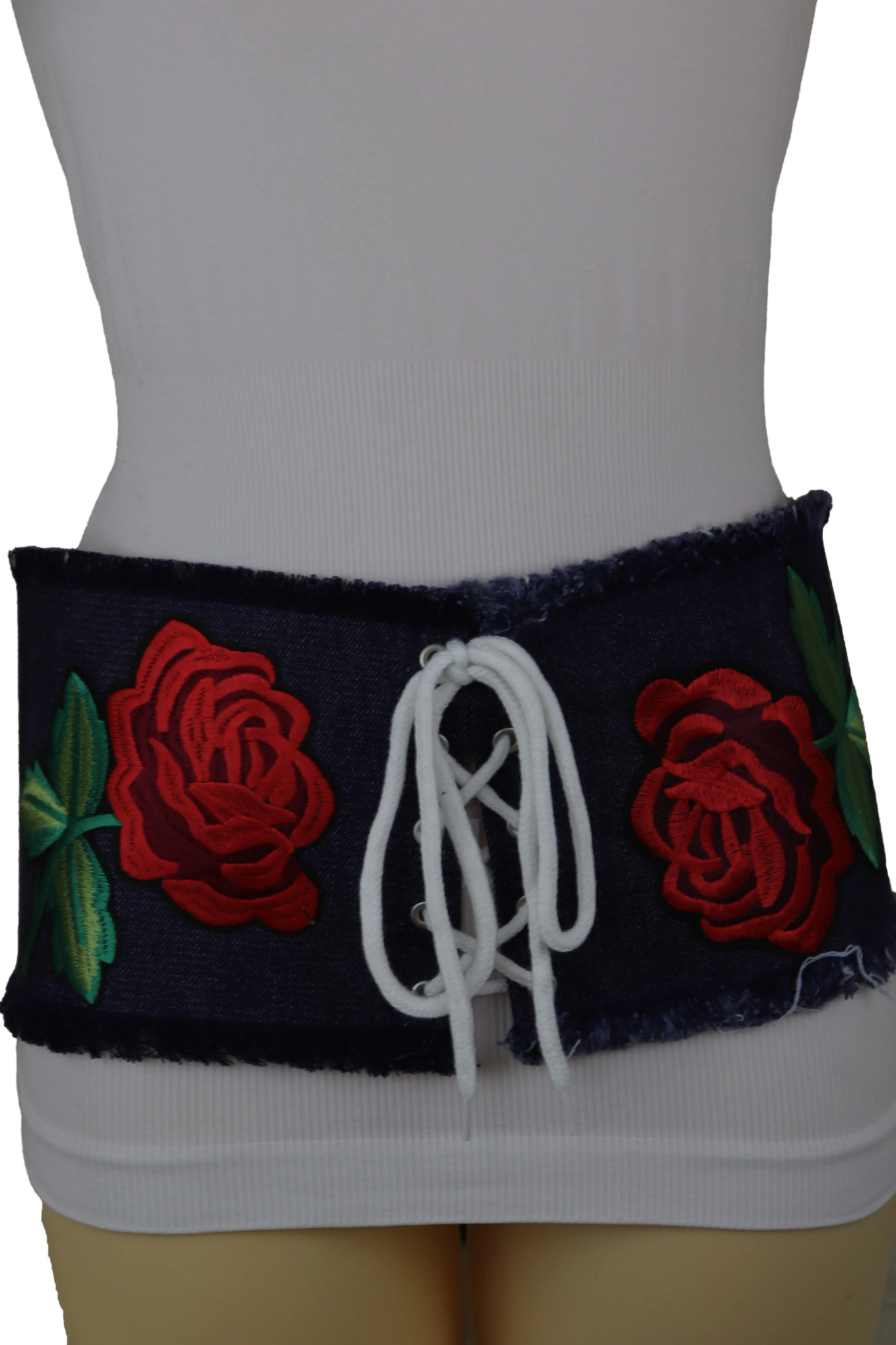 Wide Blue Denim Fabric Corset Fashion Belt Hip Waist Red Flower Size S M