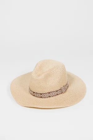 Wide Brim Sun Hat With Tribal Lace - Neutral