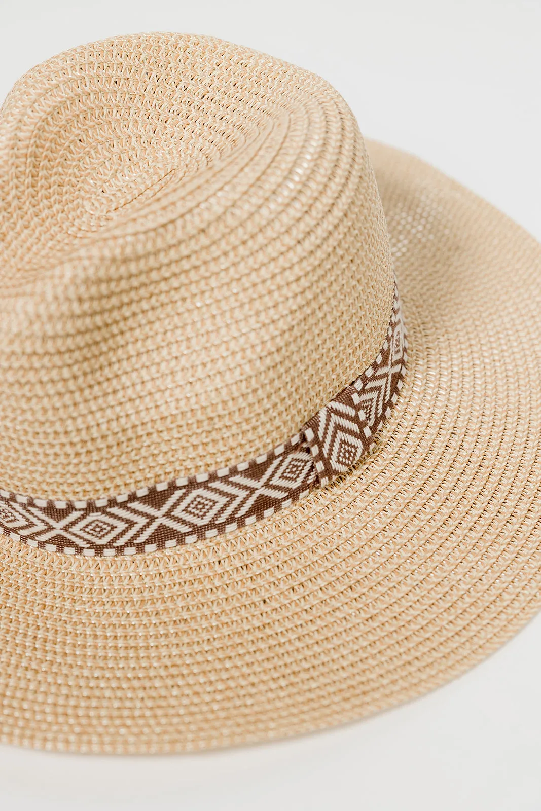 Wide Brim Sun Hat With Tribal Lace - Neutral