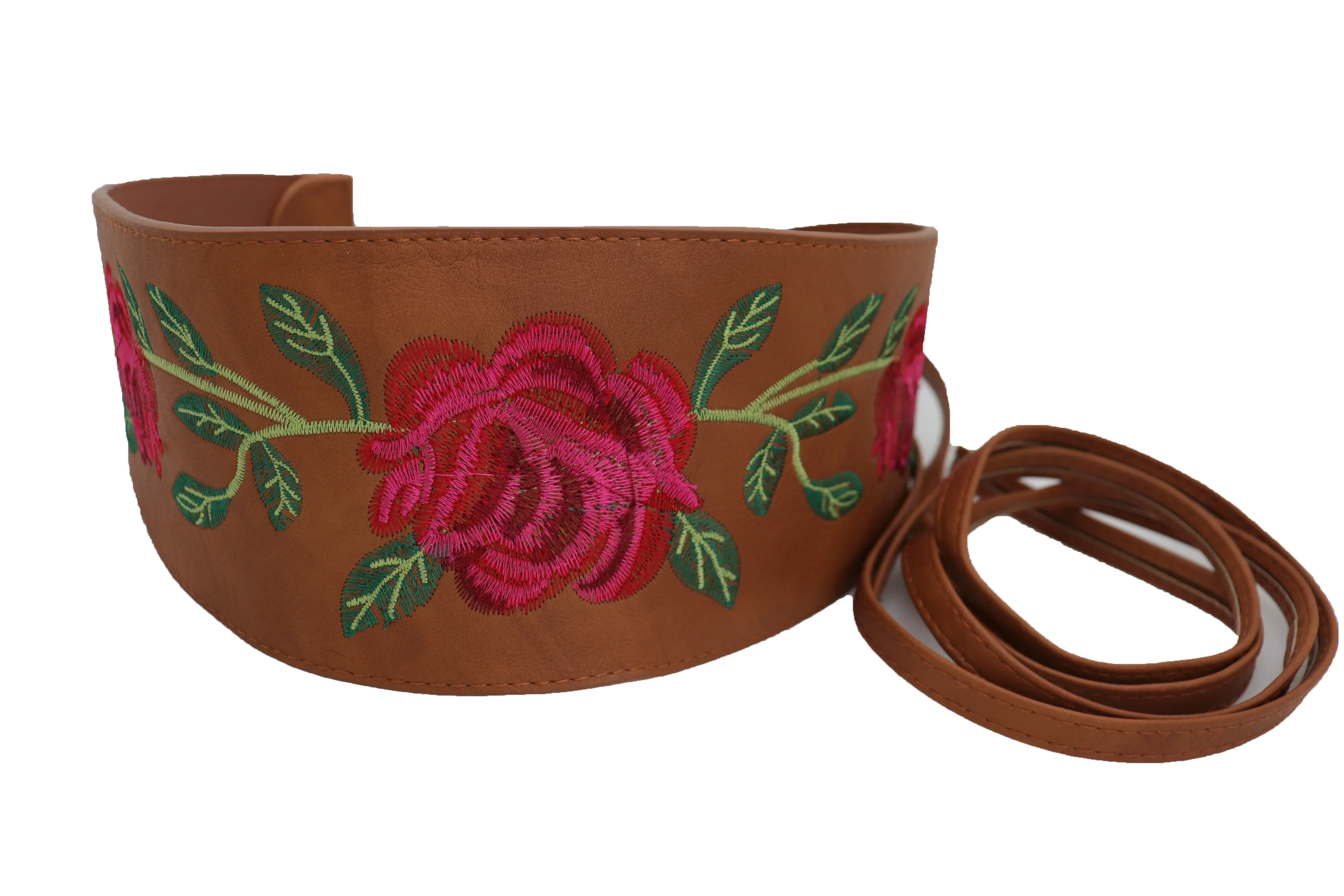 Wide Brown Faux Leather Wrap Asian Kimono Obi Belt Red Flowers S M