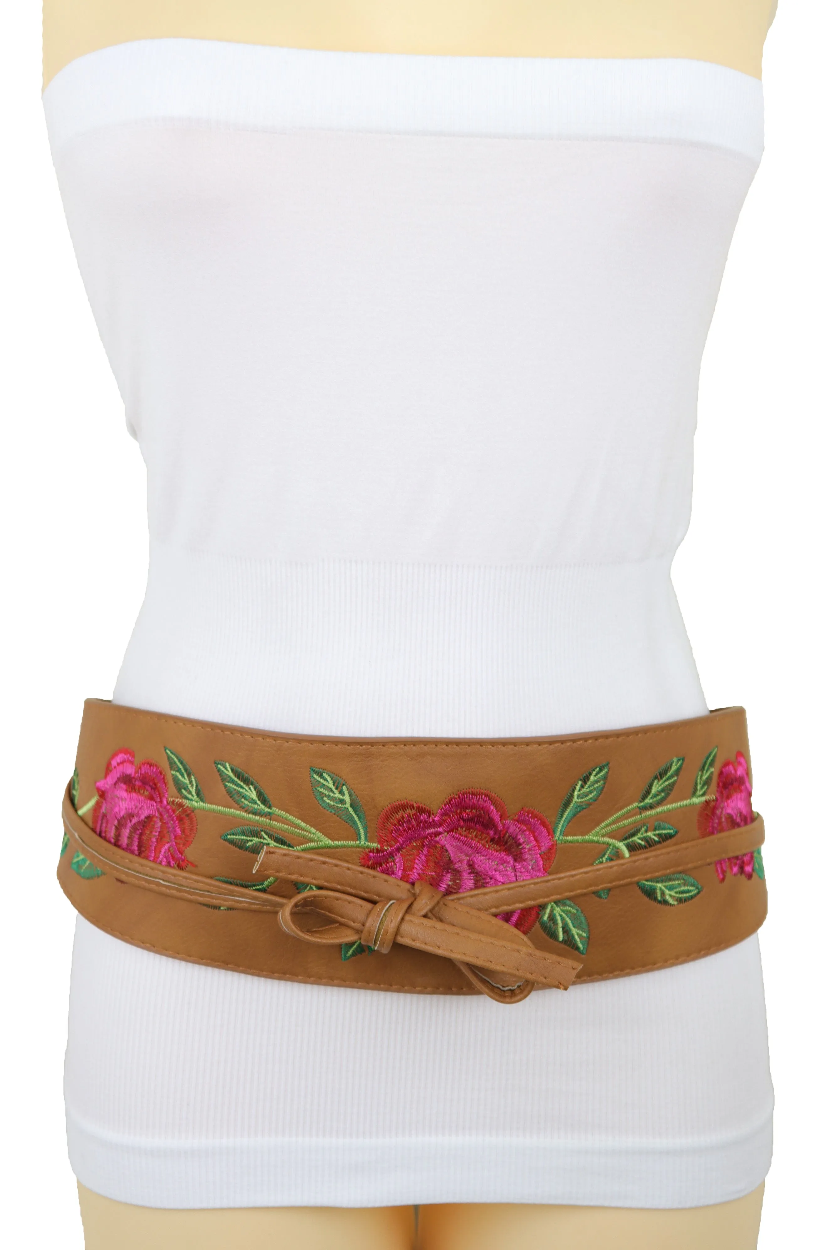 Wide Brown Faux Leather Wrap Asian Kimono Obi Belt Red Flowers S M