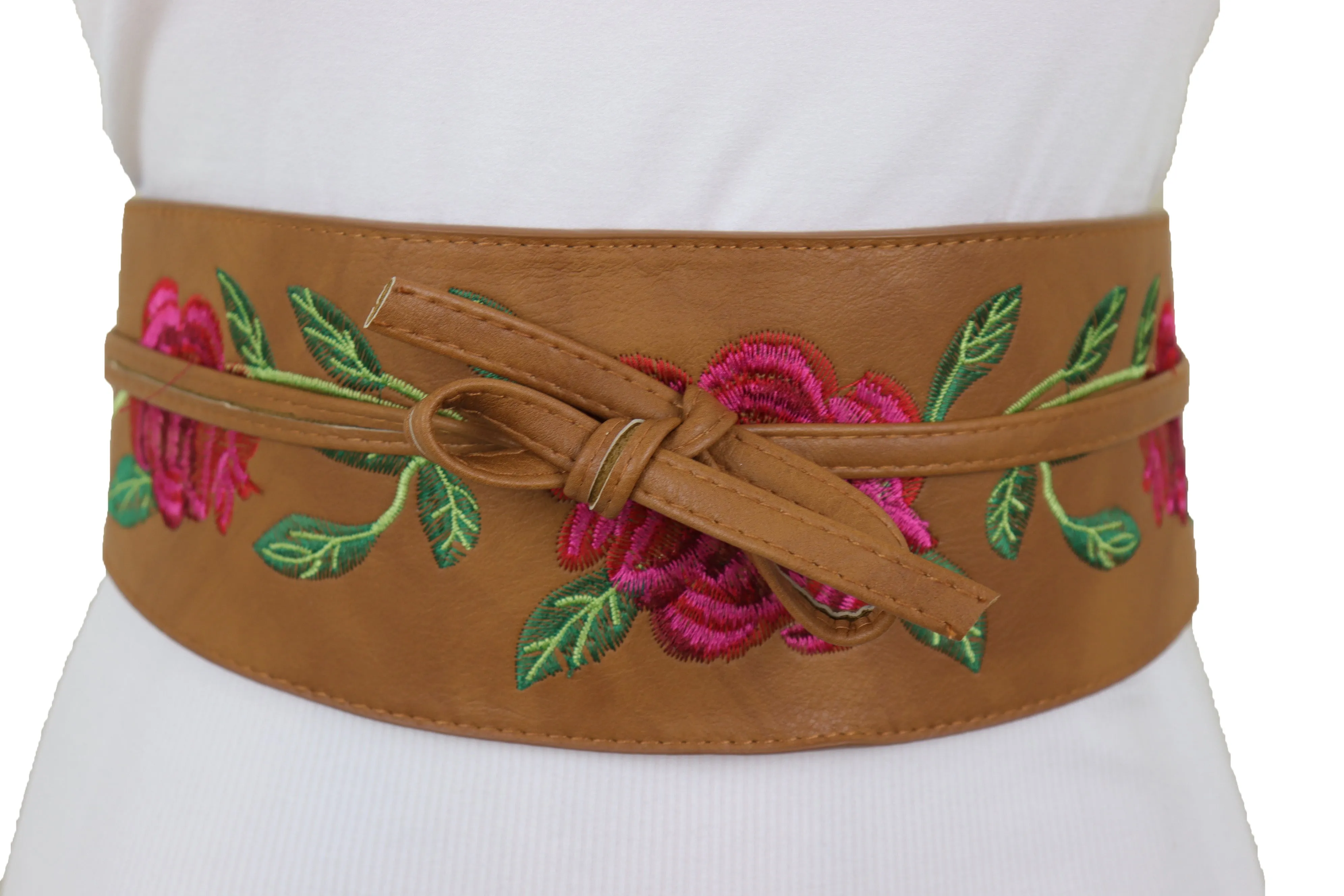 Wide Brown Faux Leather Wrap Asian Kimono Obi Belt Red Flowers S M