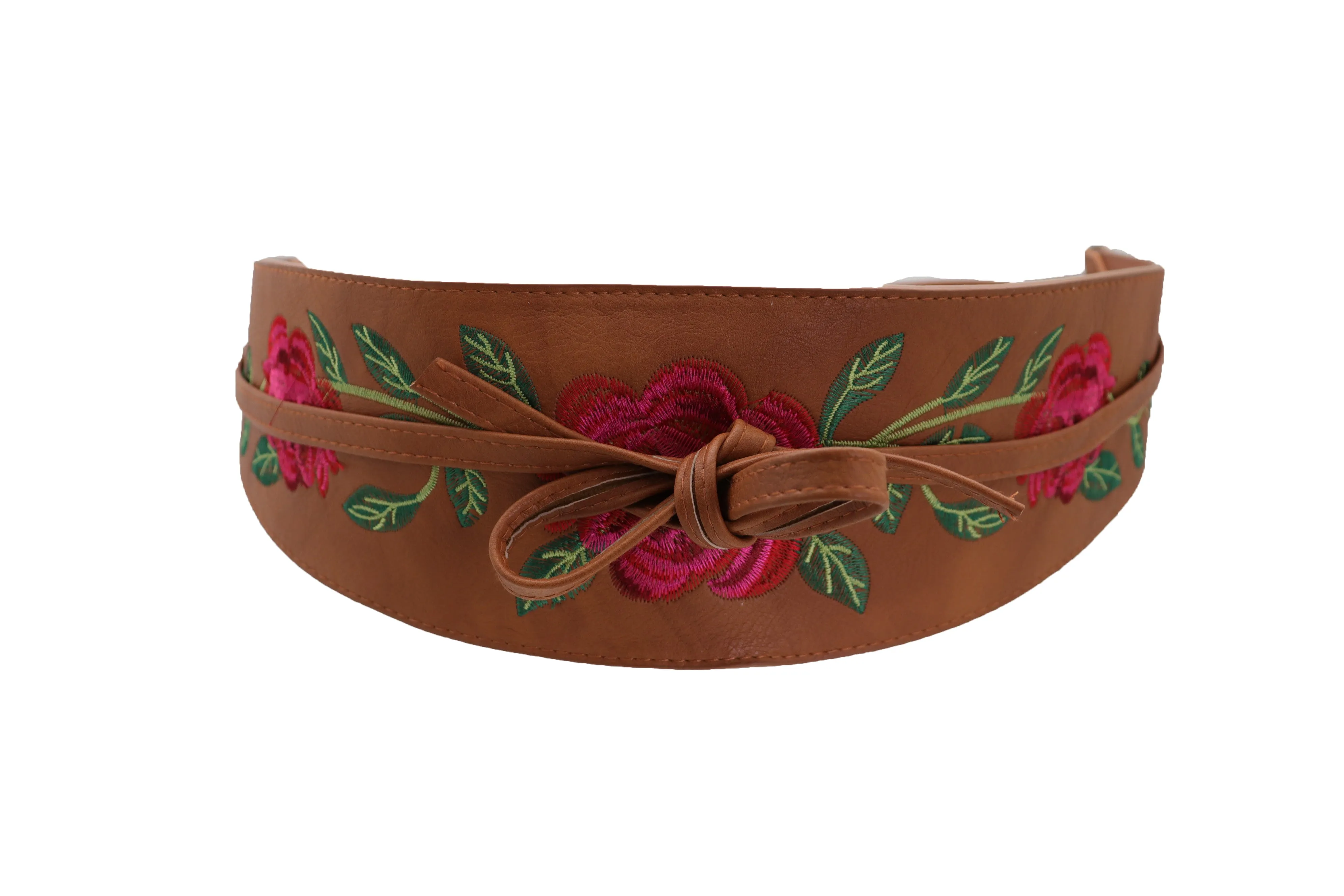 Wide Brown Faux Leather Wrap Asian Kimono Obi Belt Red Flowers S M
