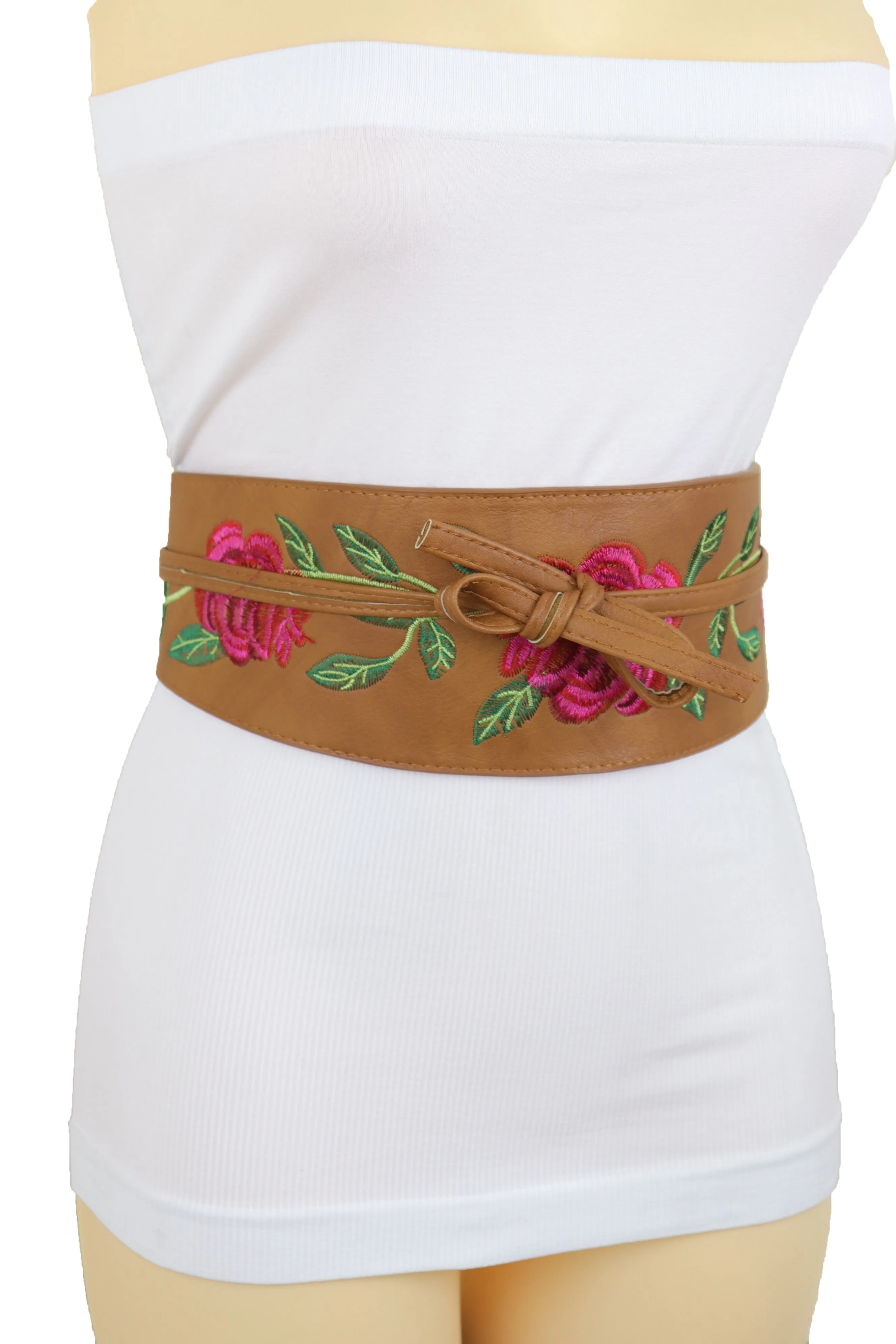 Wide Brown Faux Leather Wrap Asian Kimono Obi Belt Red Flowers S M