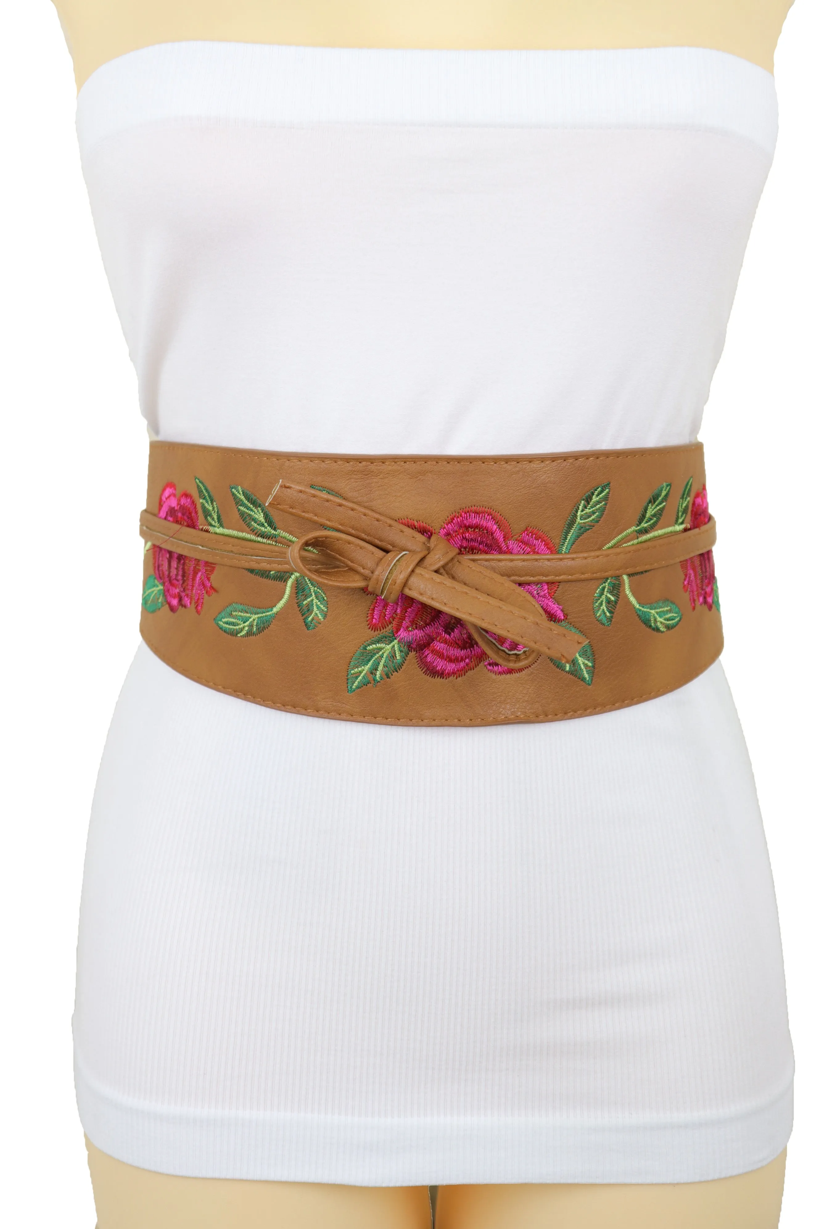 Wide Brown Faux Leather Wrap Asian Kimono Obi Belt Red Flowers S M