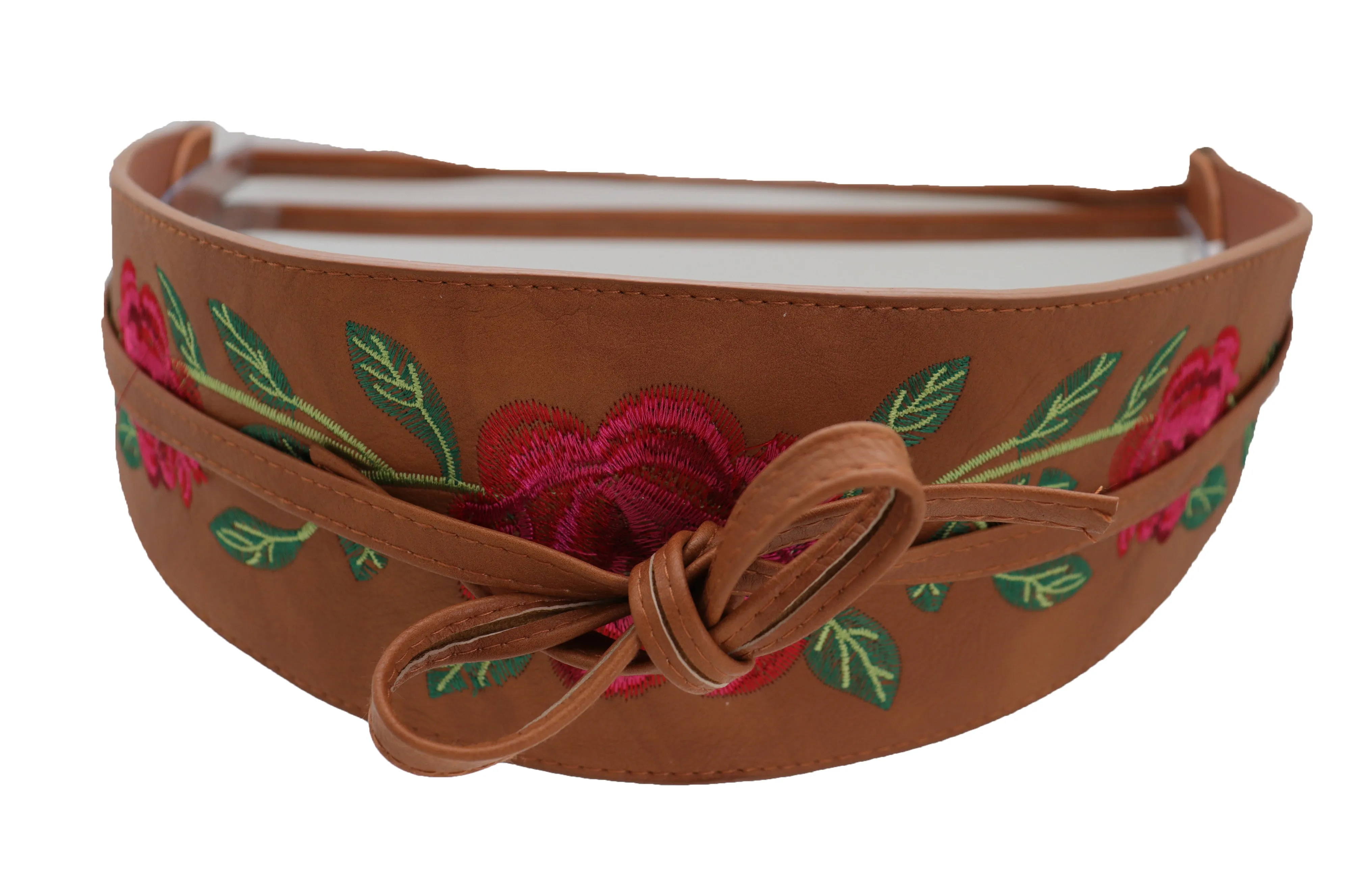 Wide Brown Faux Leather Wrap Asian Kimono Obi Belt Red Flowers S M