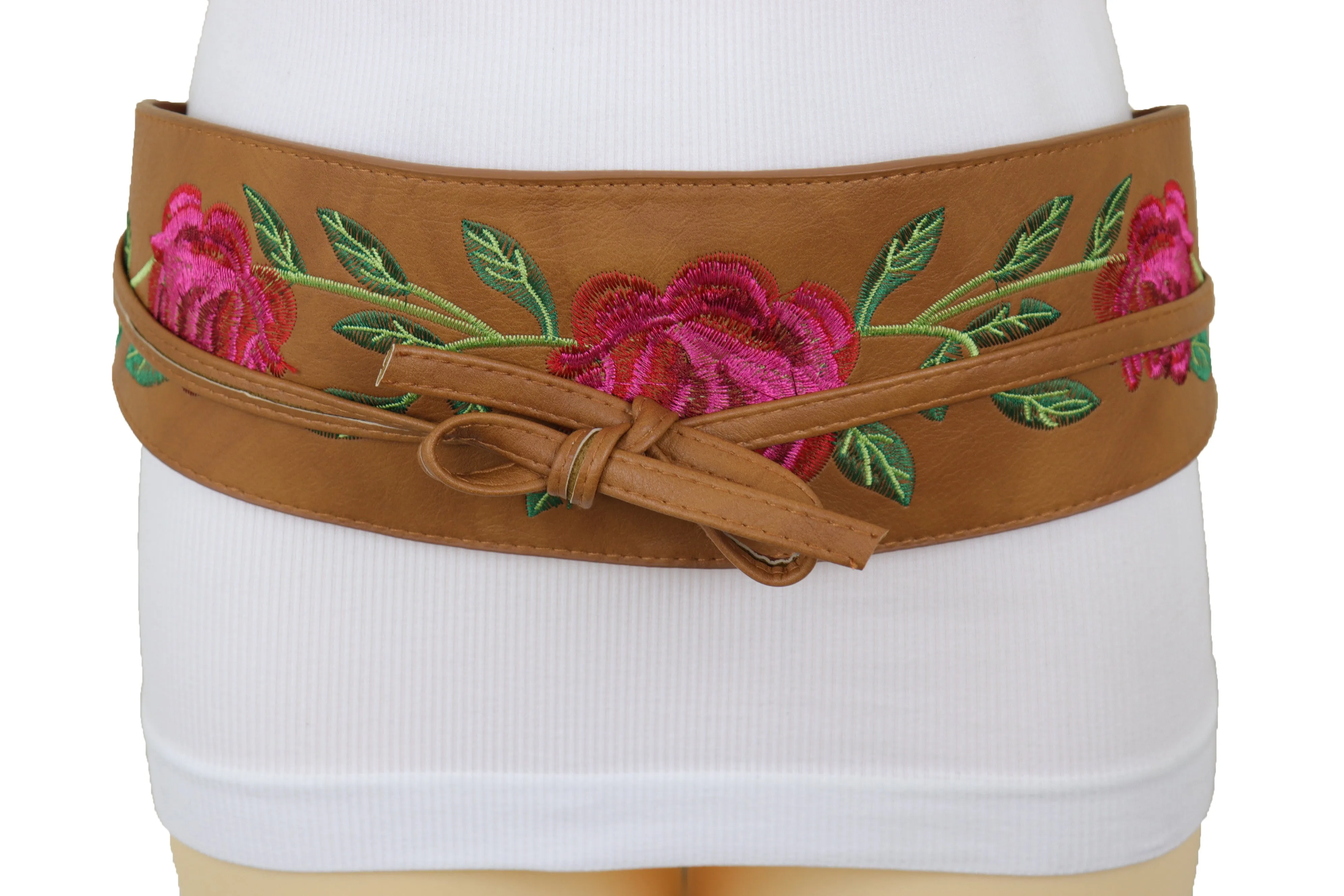 Wide Brown Faux Leather Wrap Asian Kimono Obi Belt Red Flowers S M