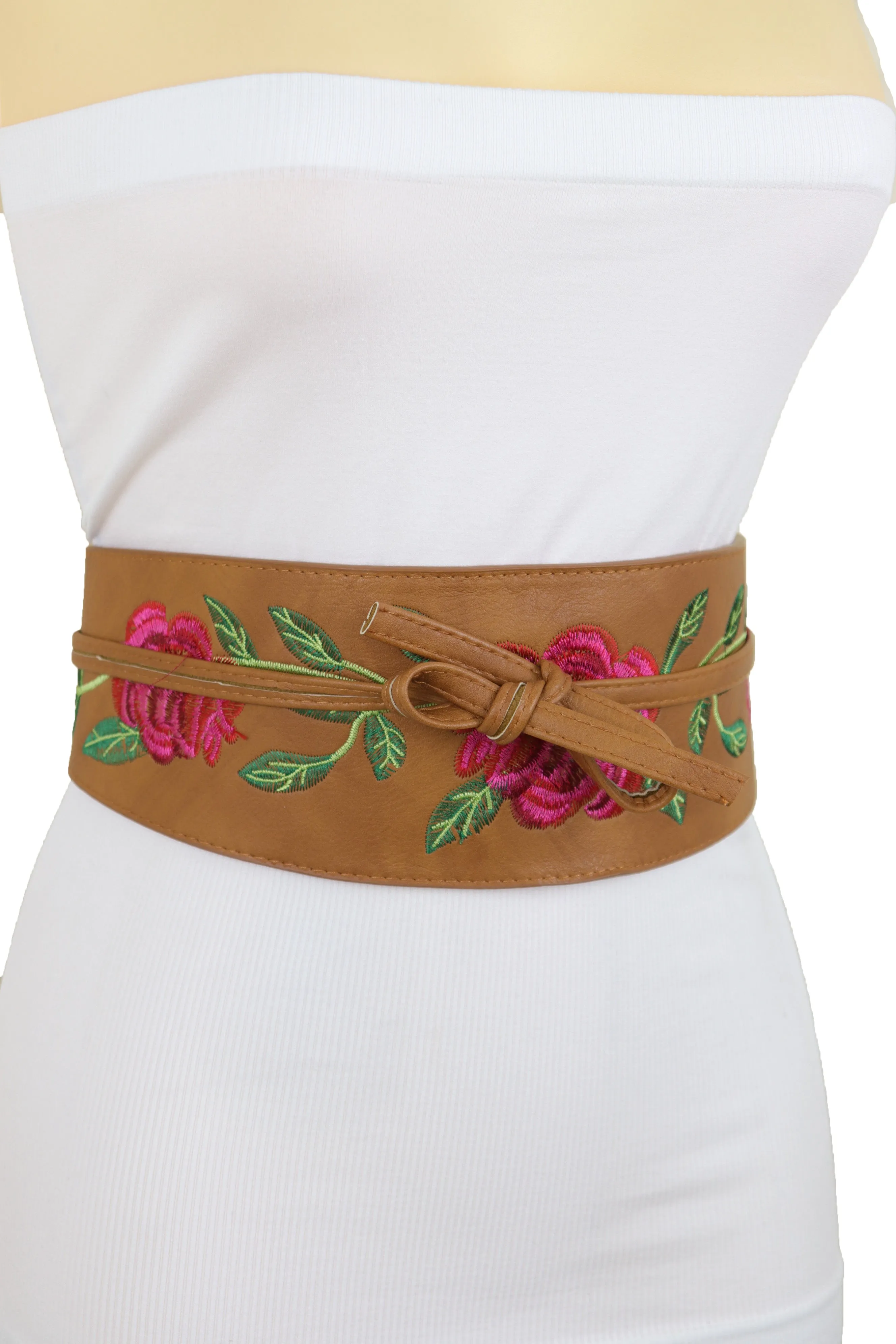 Wide Brown Faux Leather Wrap Asian Kimono Obi Belt Red Flowers S M