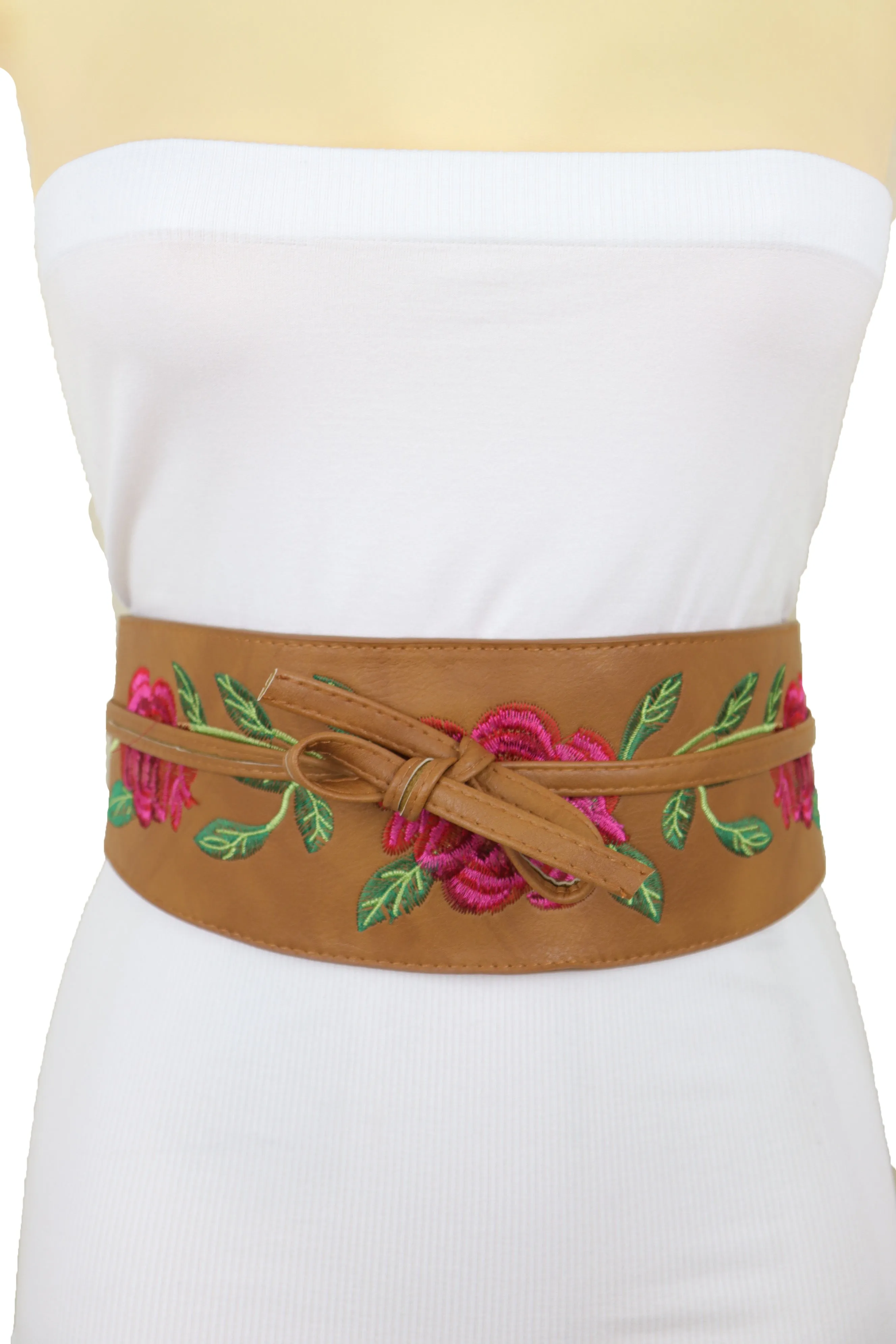 Wide Brown Faux Leather Wrap Asian Kimono Obi Belt Red Flowers S M