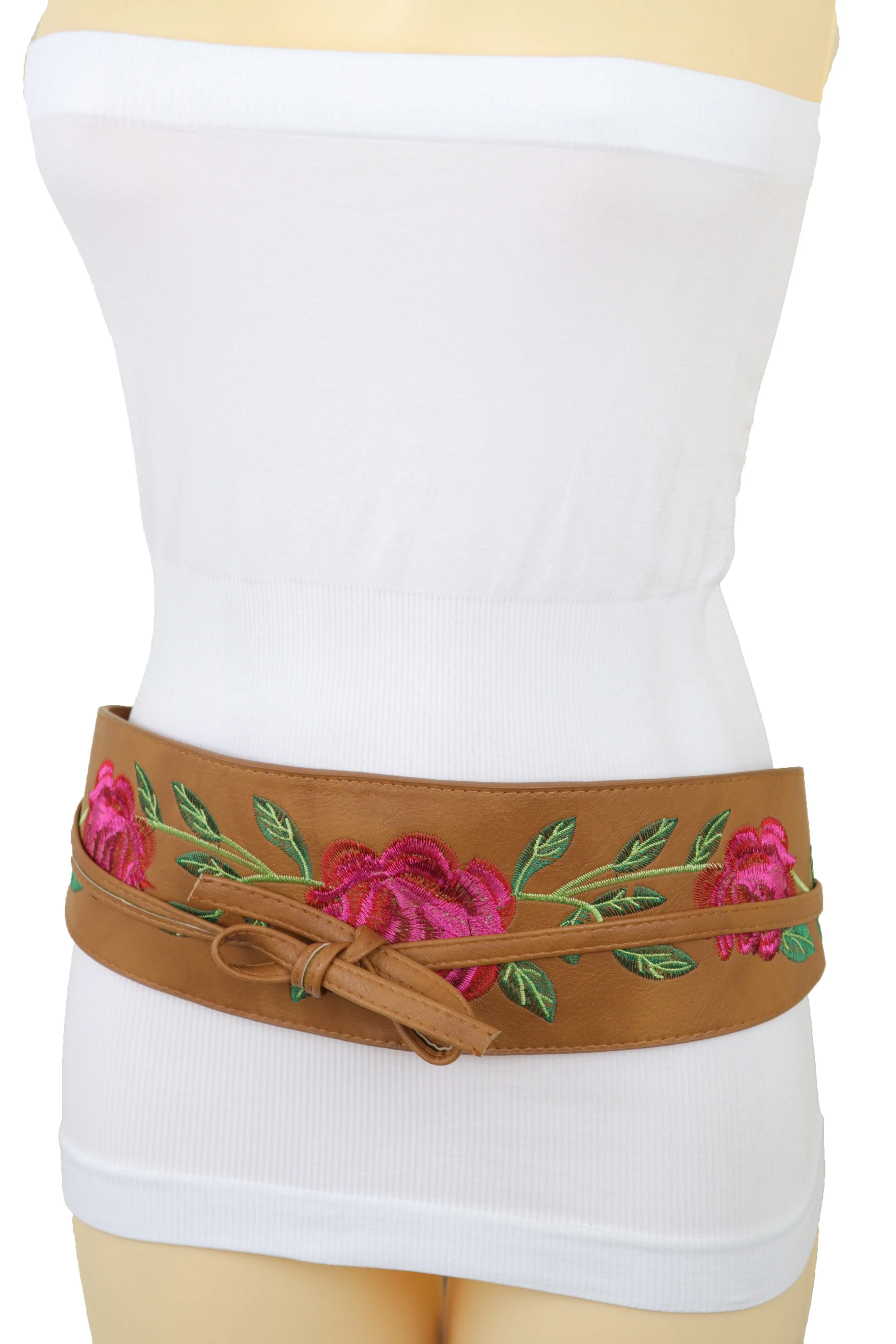 Wide Brown Faux Leather Wrap Asian Kimono Obi Belt Red Flowers S M