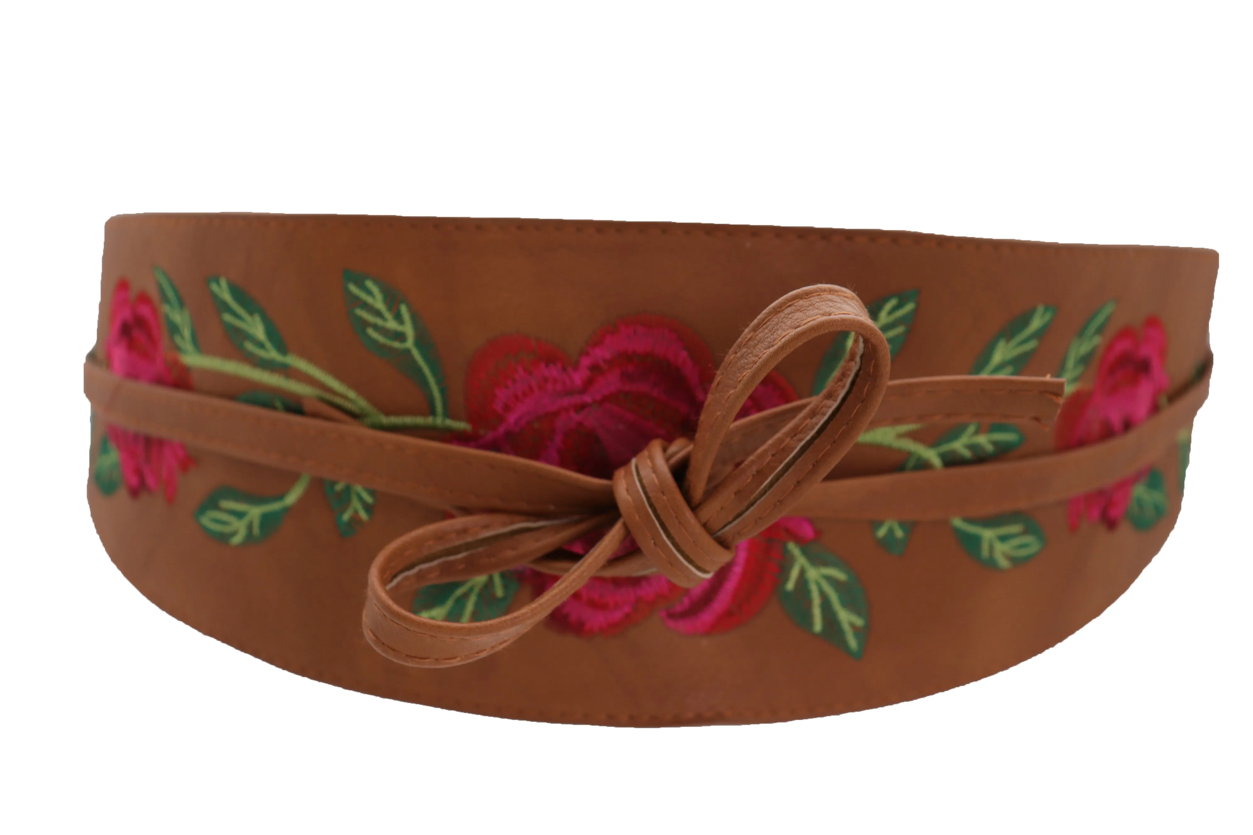 Wide Brown Faux Leather Wrap Asian Kimono Obi Belt Red Flowers S M
