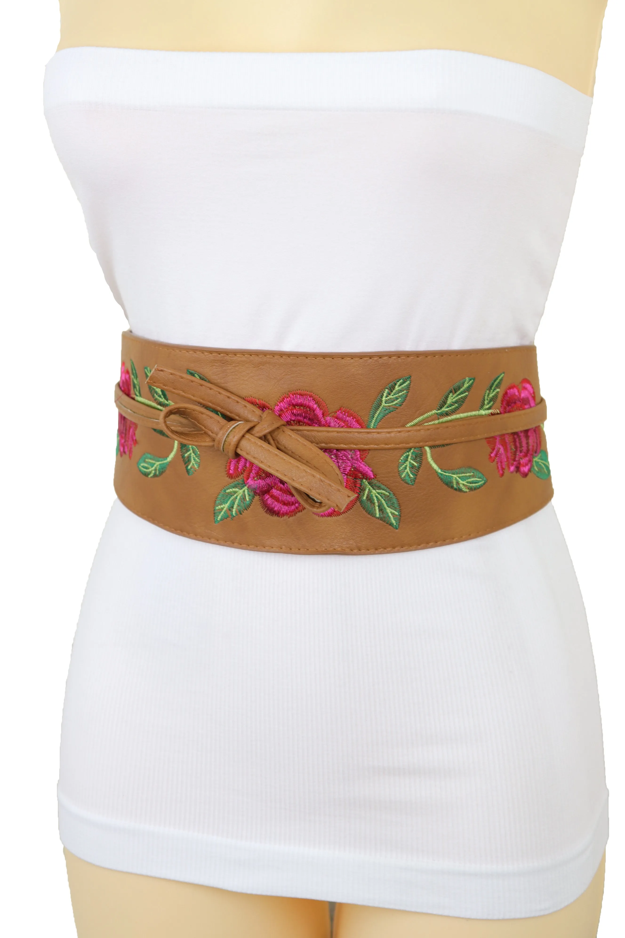 Wide Brown Faux Leather Wrap Asian Kimono Obi Belt Red Flowers S M