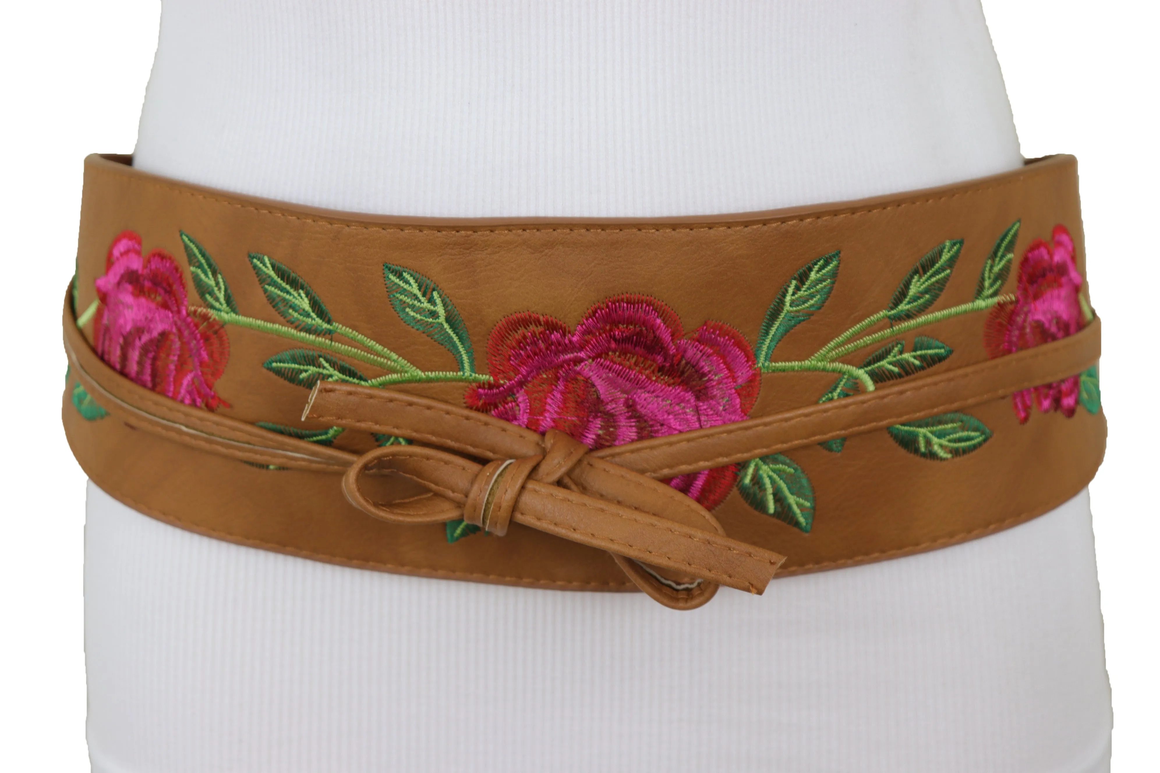 Wide Brown Faux Leather Wrap Asian Kimono Obi Belt Red Flowers S M