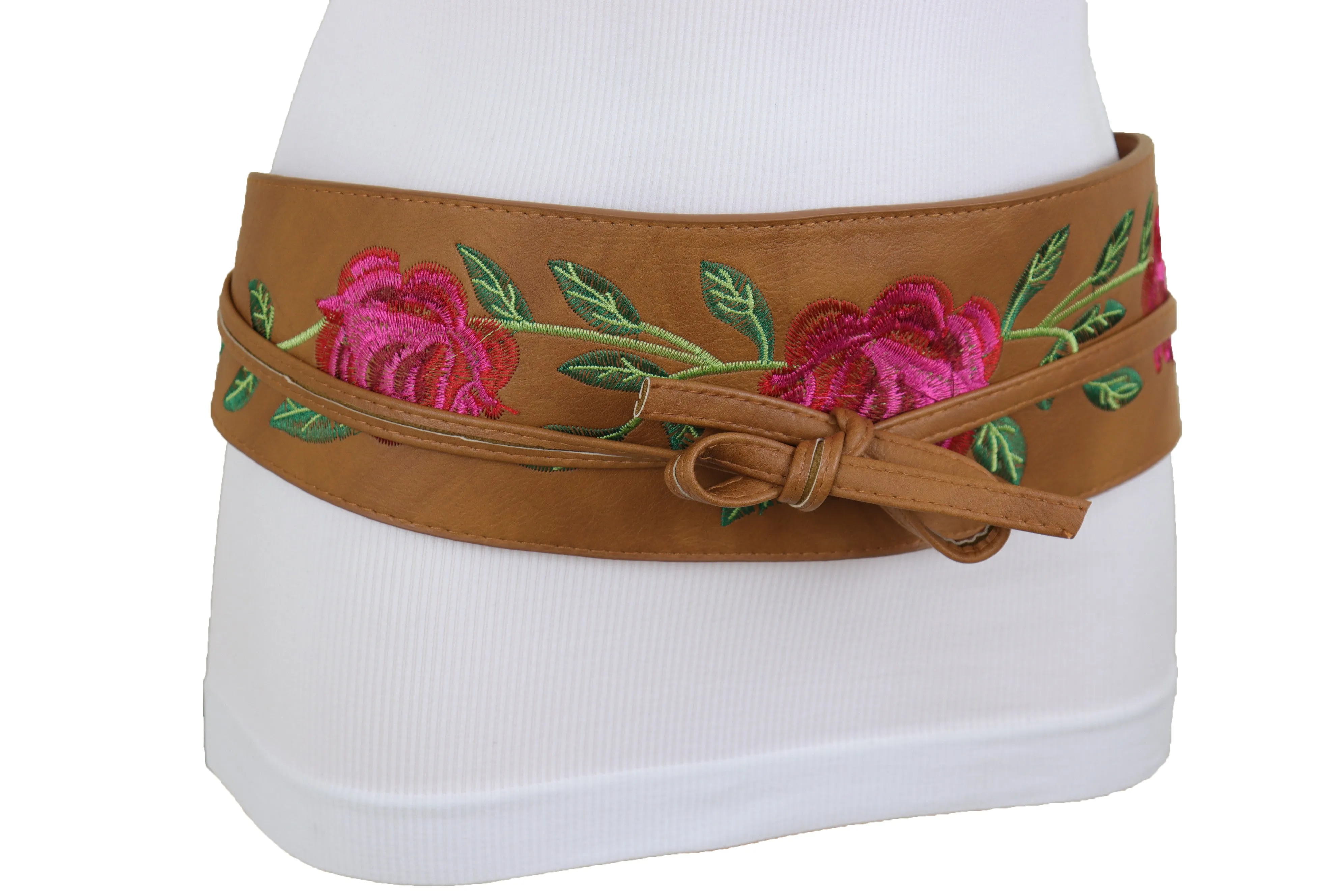 Wide Brown Faux Leather Wrap Asian Kimono Obi Belt Red Flowers S M