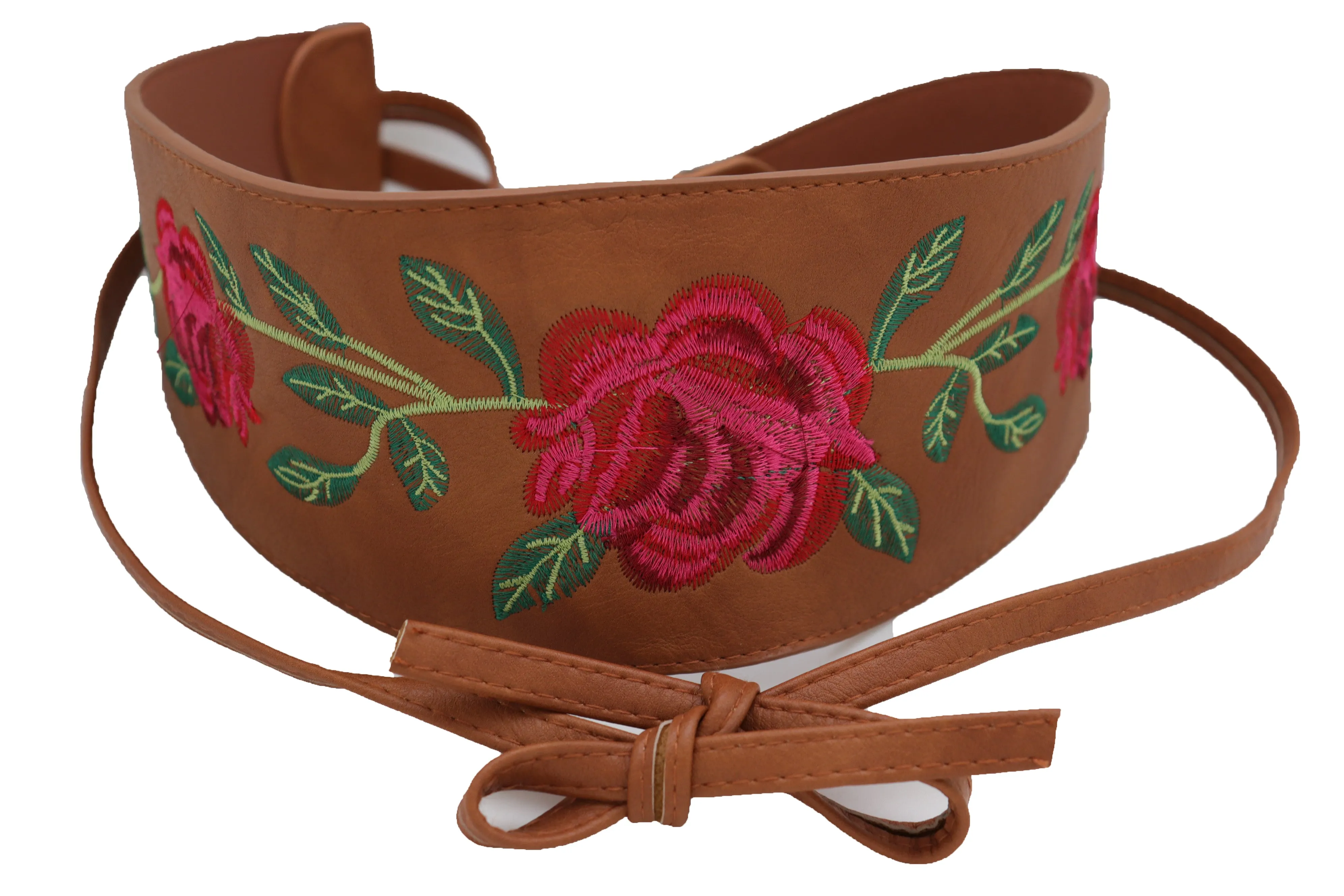 Wide Brown Faux Leather Wrap Asian Kimono Obi Belt Red Flowers S M