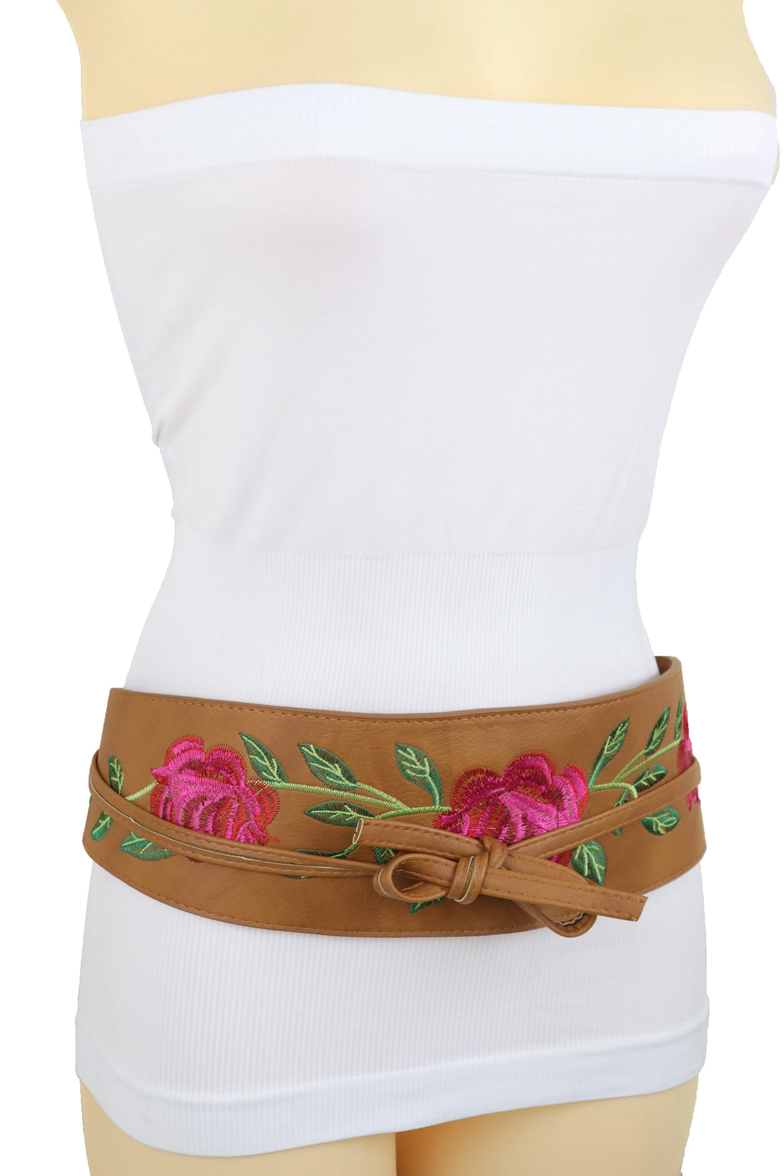 Wide Brown Faux Leather Wrap Asian Kimono Obi Belt Red Flowers S M