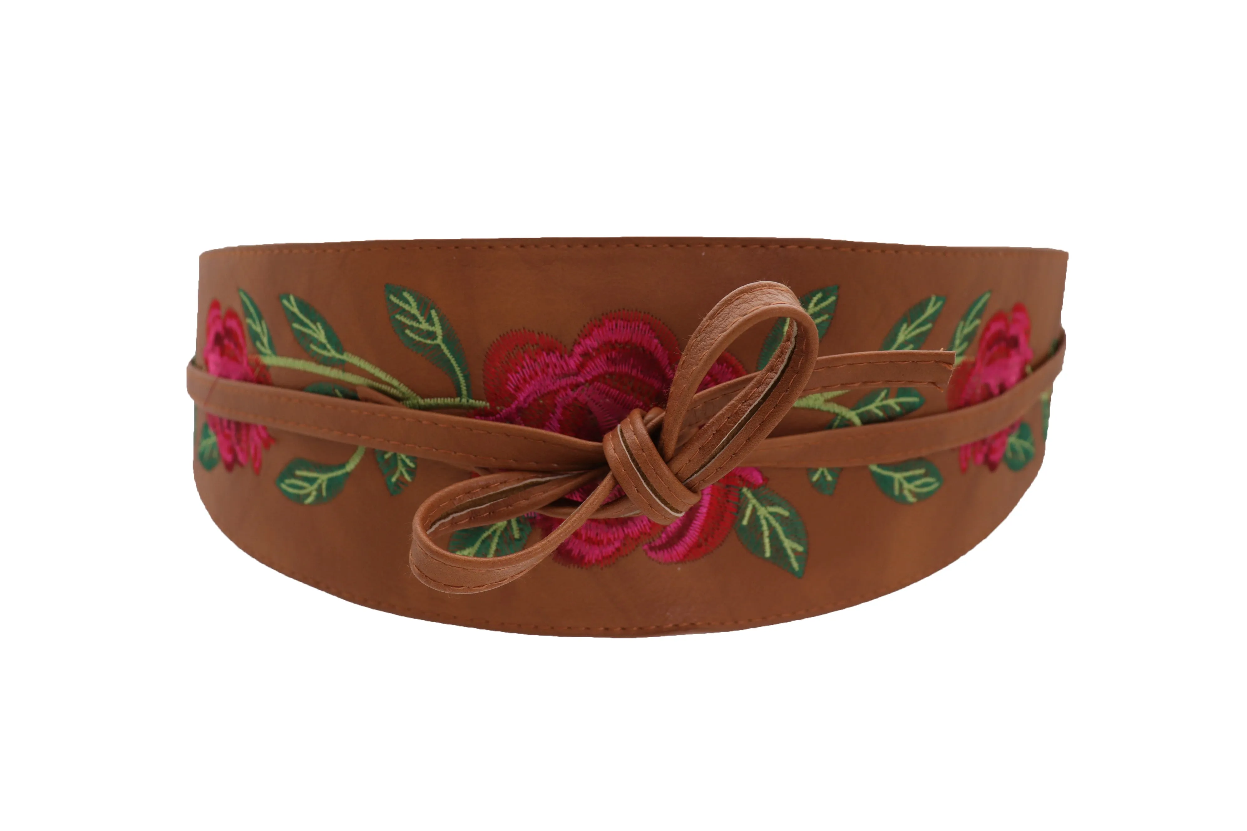 Wide Brown Faux Leather Wrap Asian Kimono Obi Belt Red Flowers S M