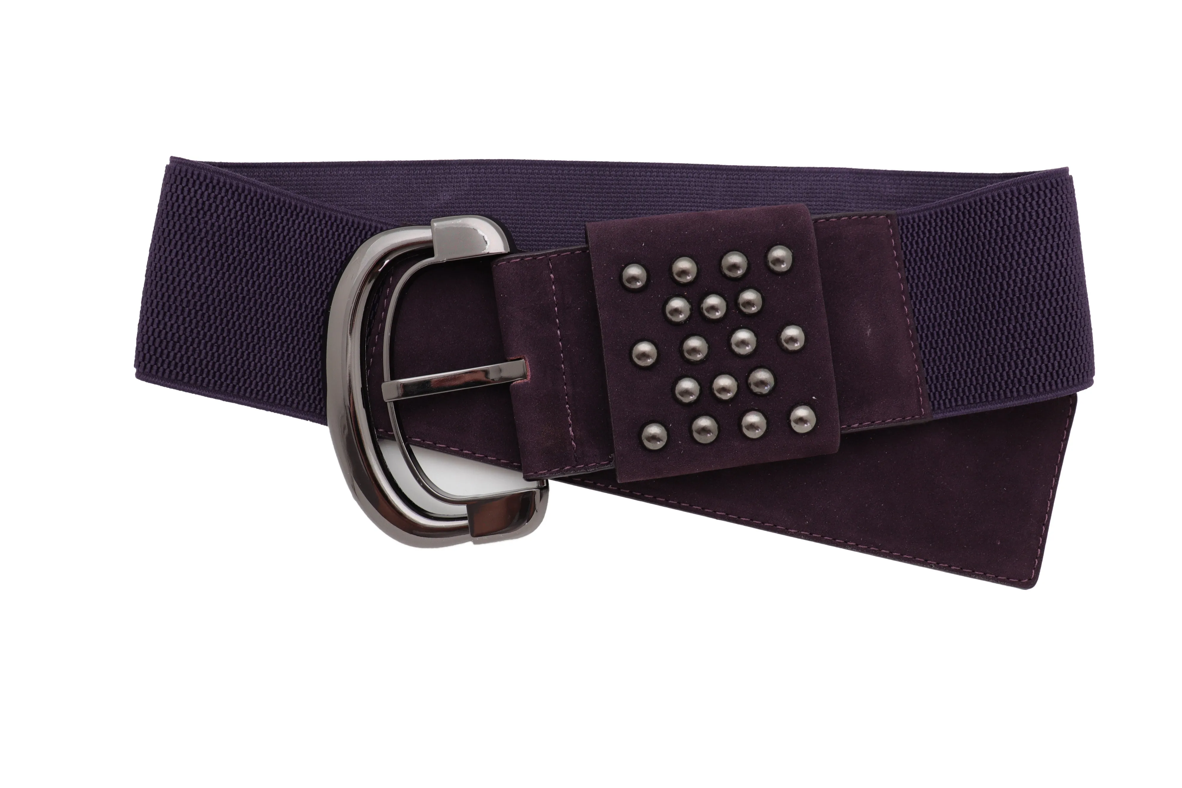 Wide Dark Purple Faux Leather Fashion Elastic Belt Metal Studs Buckle Fit Size S M