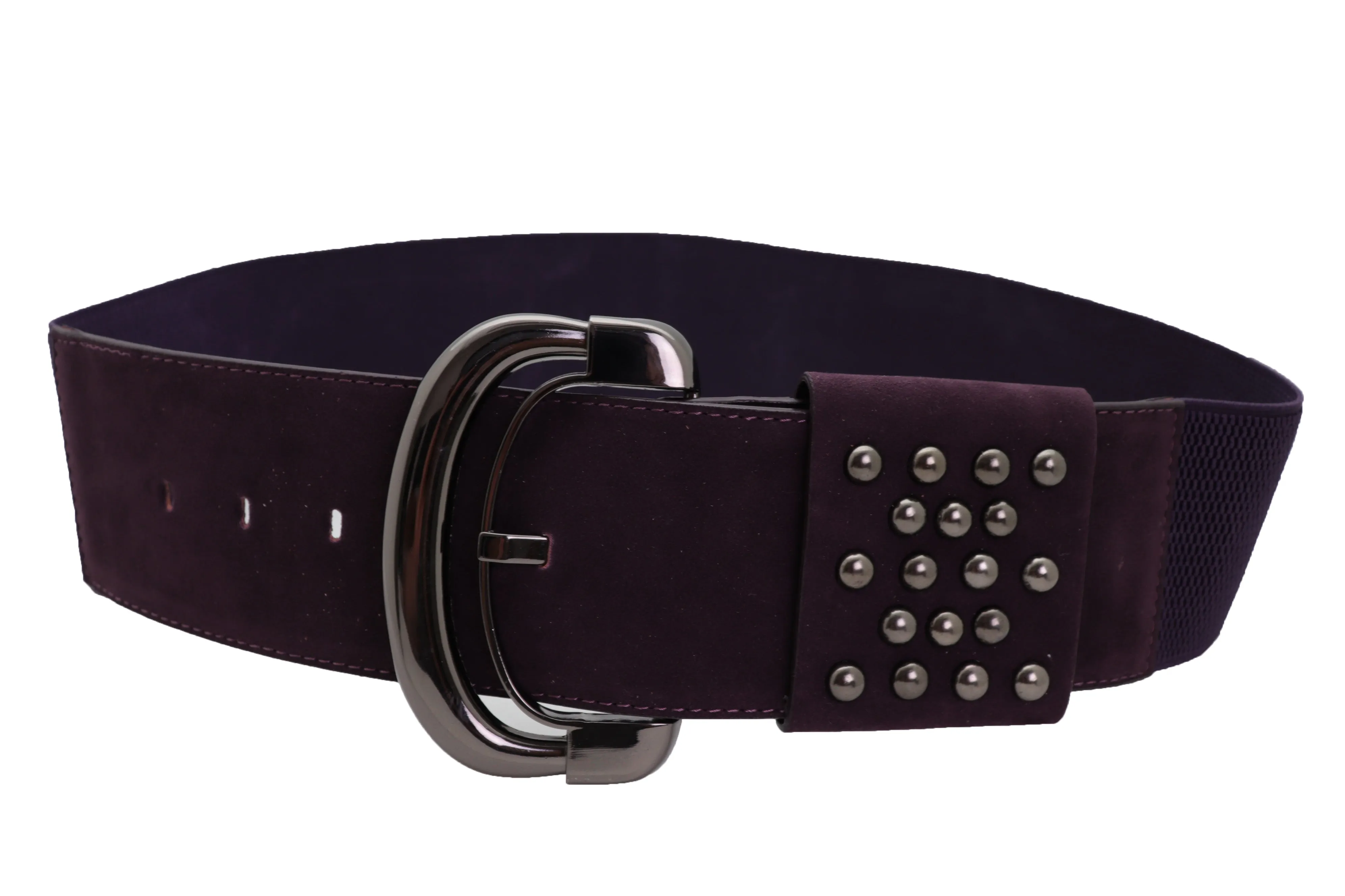 Wide Dark Purple Faux Leather Fashion Elastic Belt Metal Studs Buckle Fit Size S M