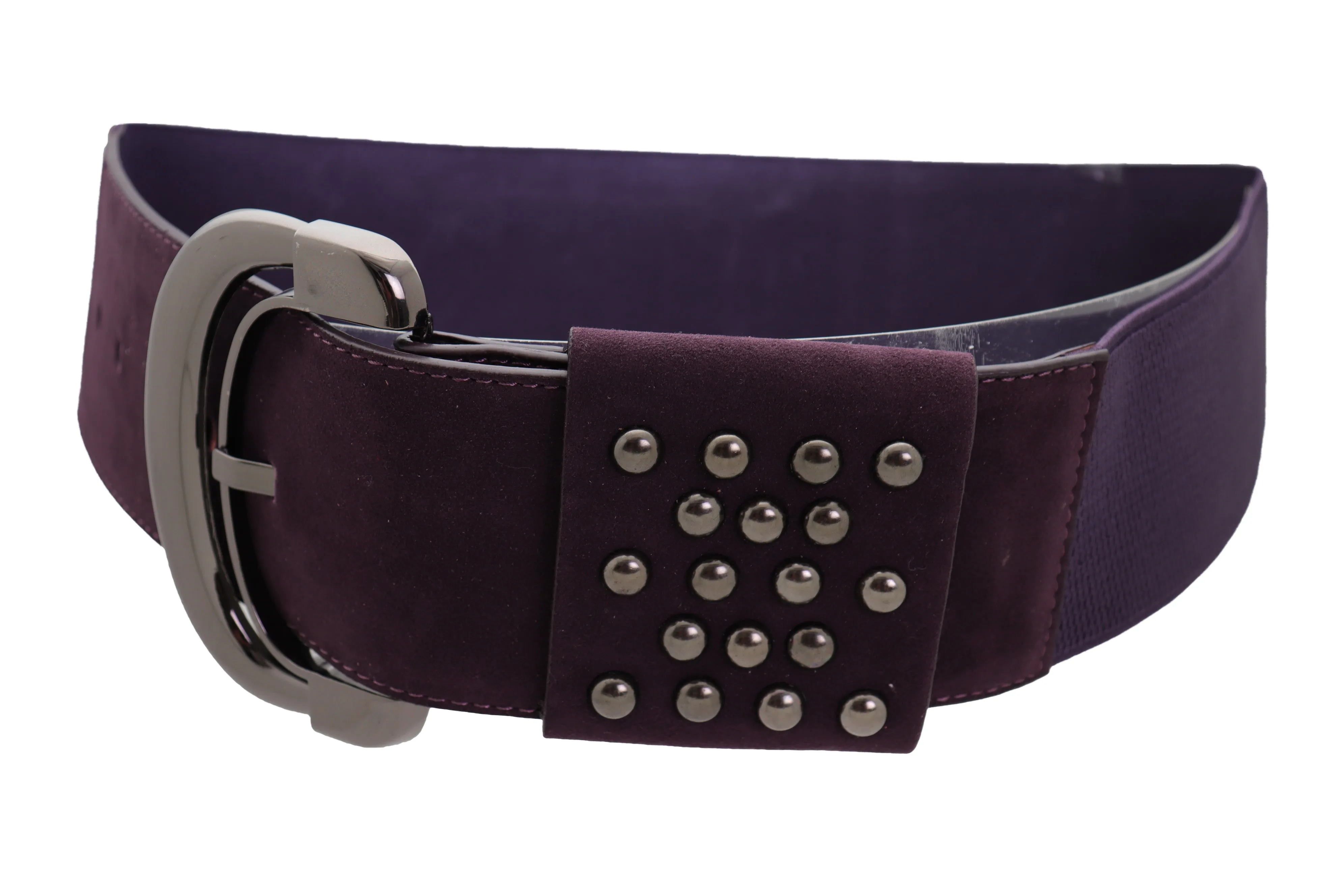 Wide Dark Purple Faux Leather Fashion Elastic Belt Metal Studs Buckle Fit Size S M