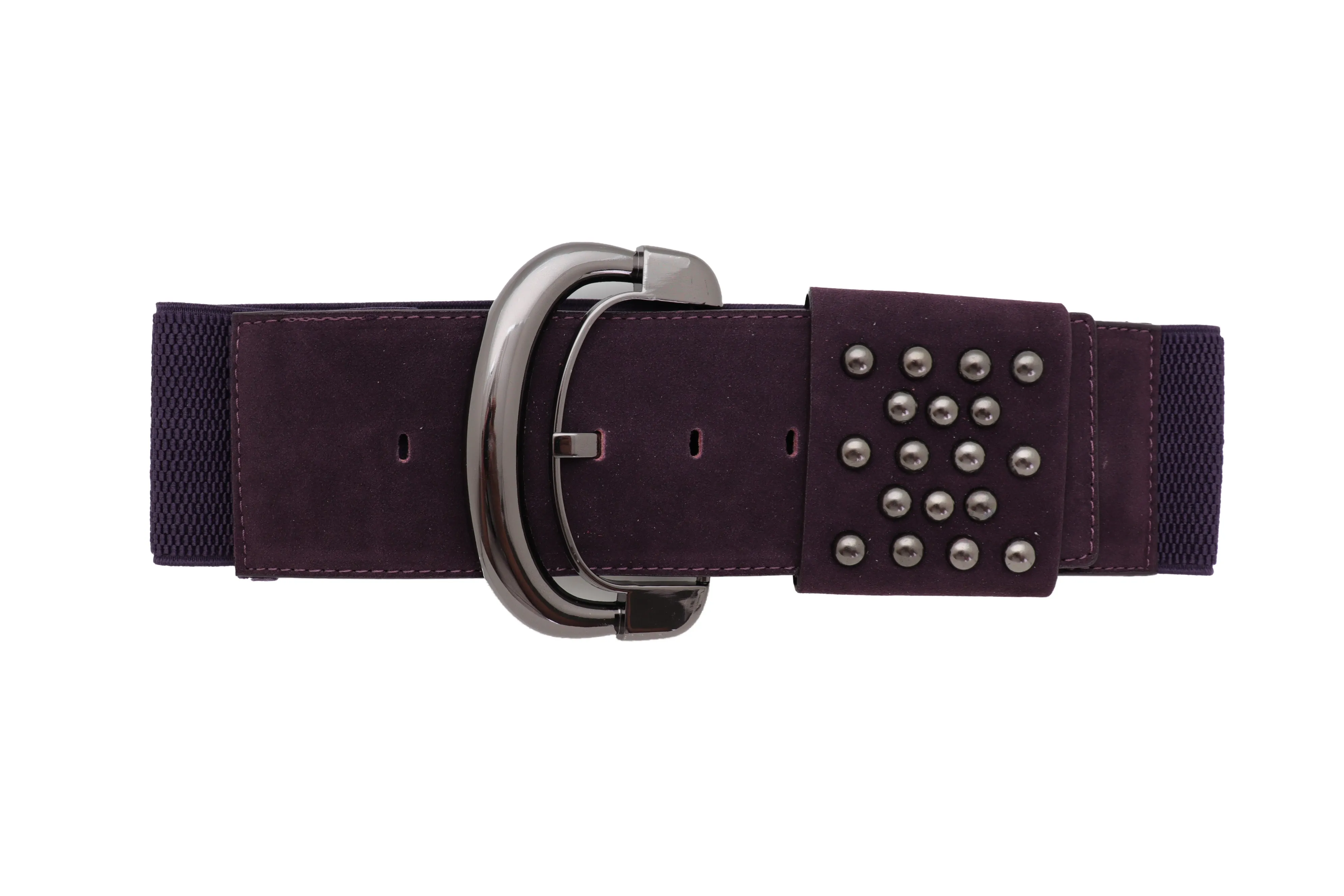 Wide Dark Purple Faux Leather Fashion Elastic Belt Metal Studs Buckle Fit Size S M